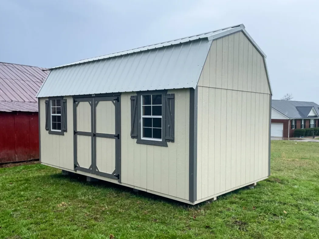 A light colored wood side lofted shed