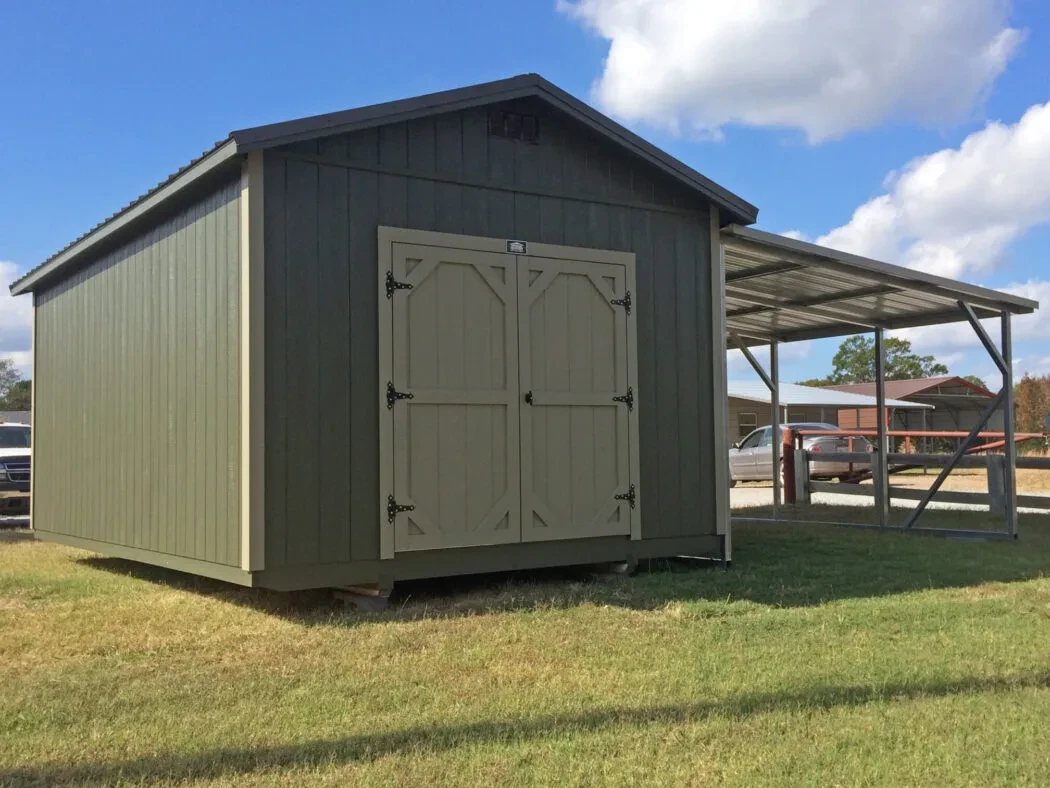 A metal frame freestanding lean-to install on the side of a shed