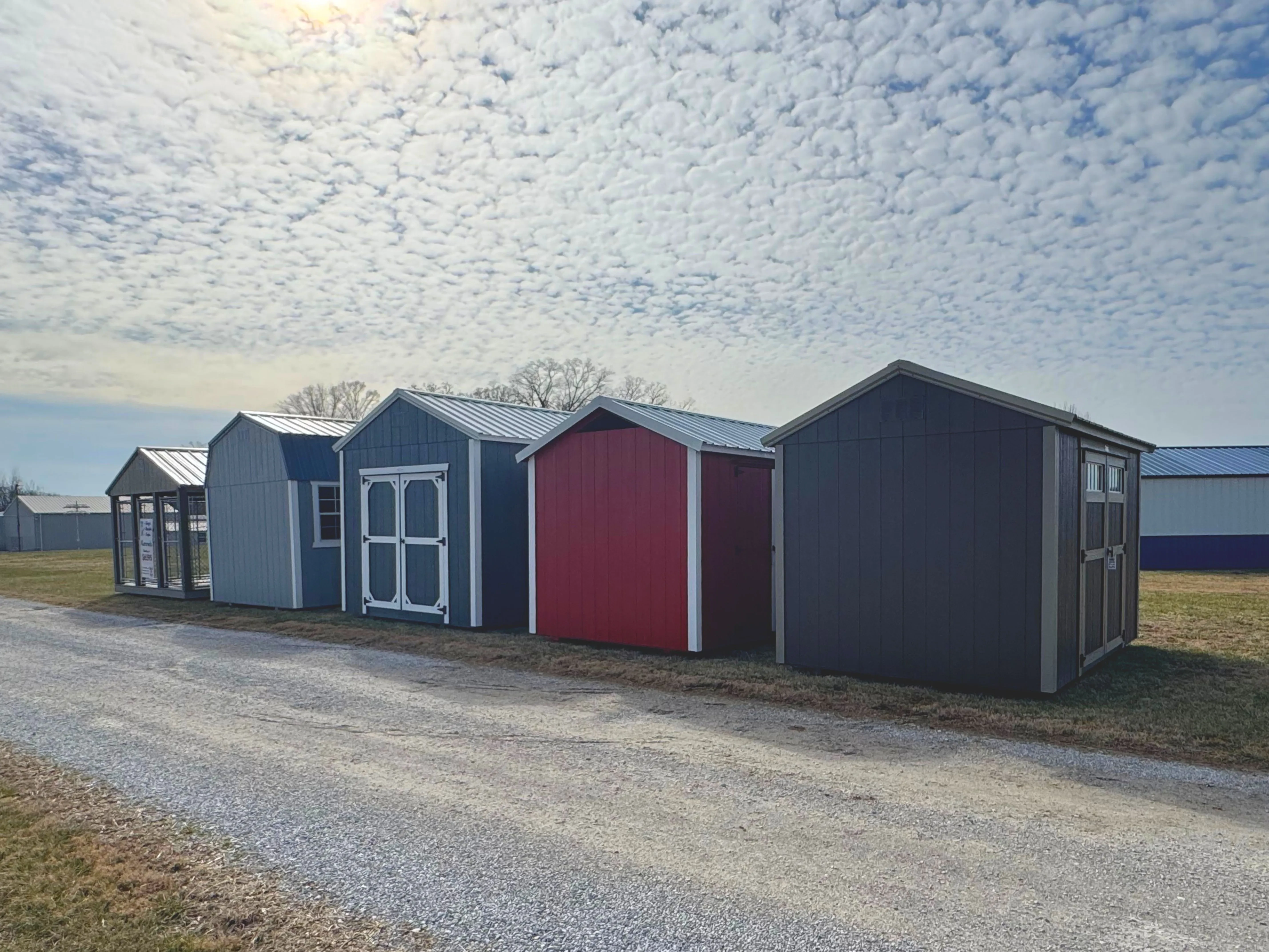 Row of sheds in various colors with a chicken coop and a dog kennel