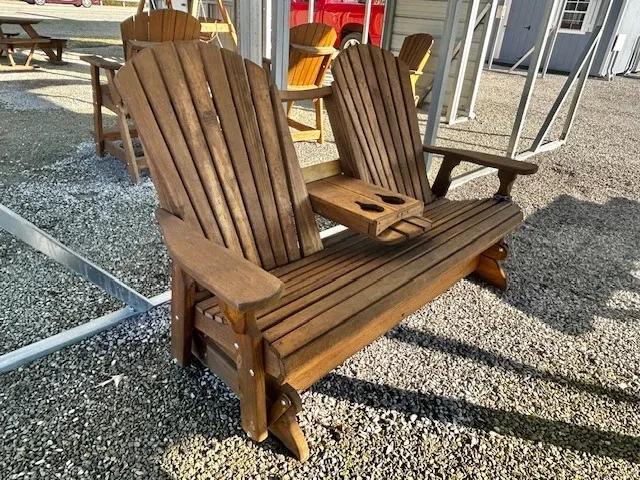 a wood bench with two seats and a center console with cupholders in the down position
