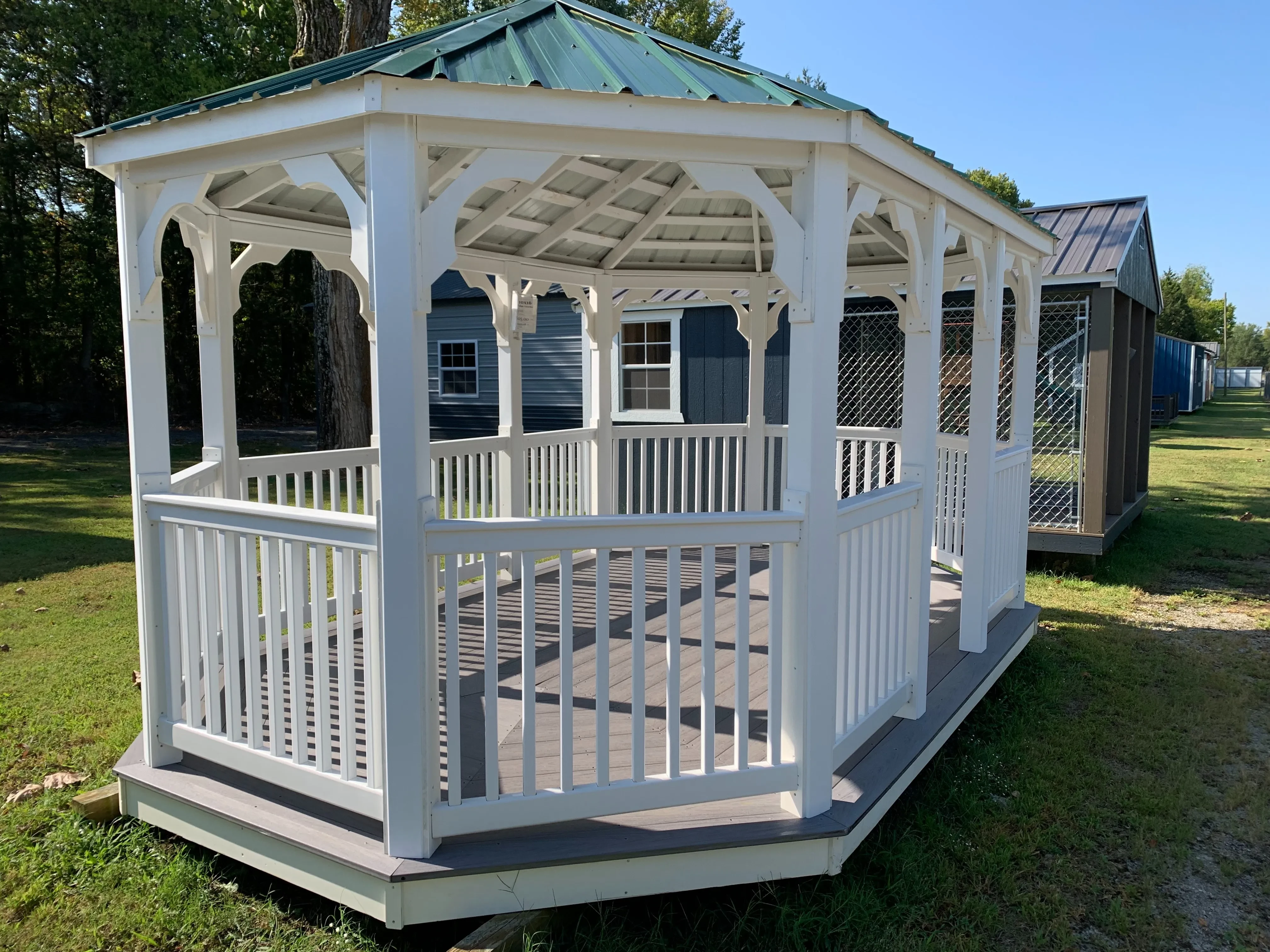 10x16 value vinyl gazebo white and green metal roof.