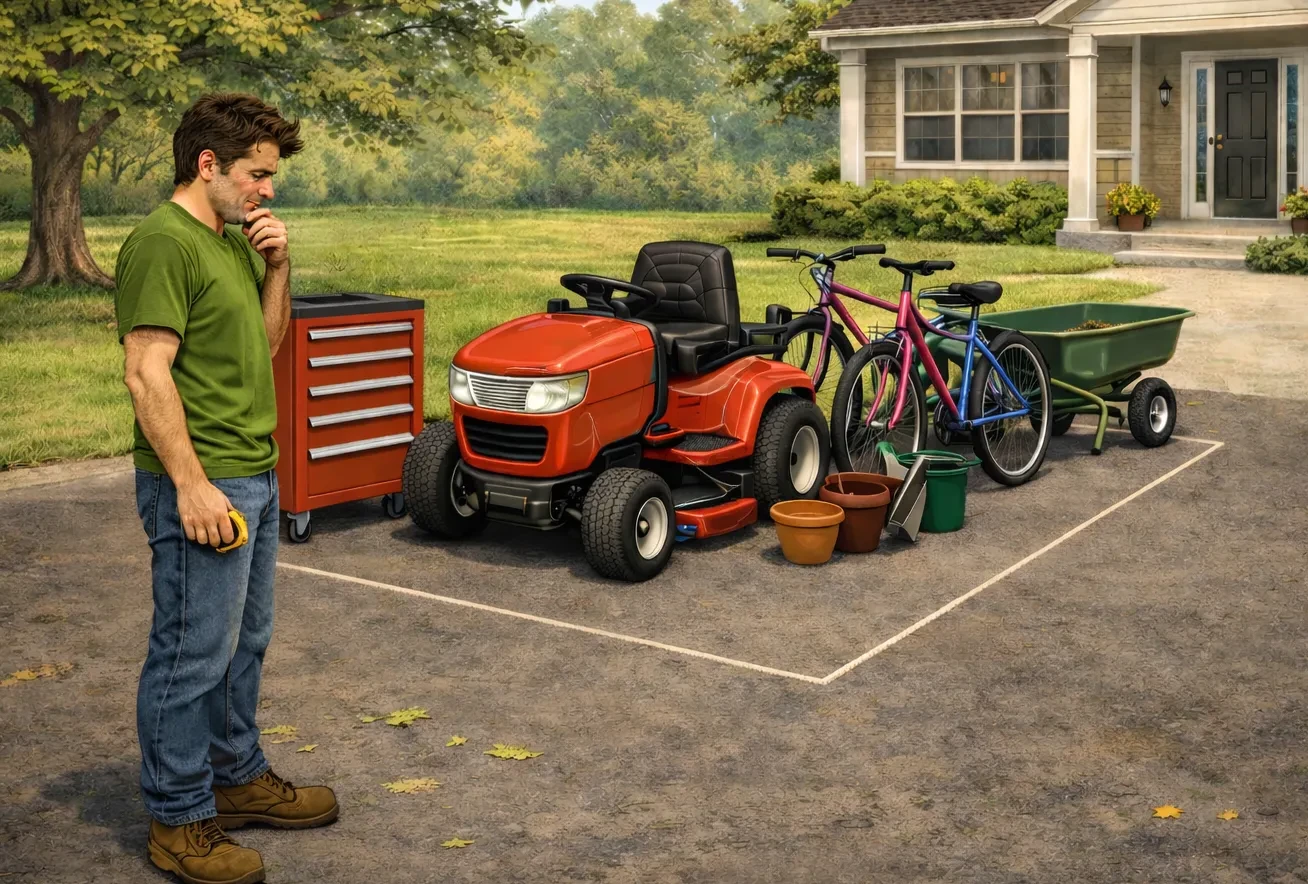 Man standing considering what size of shed he needs for his stuff.