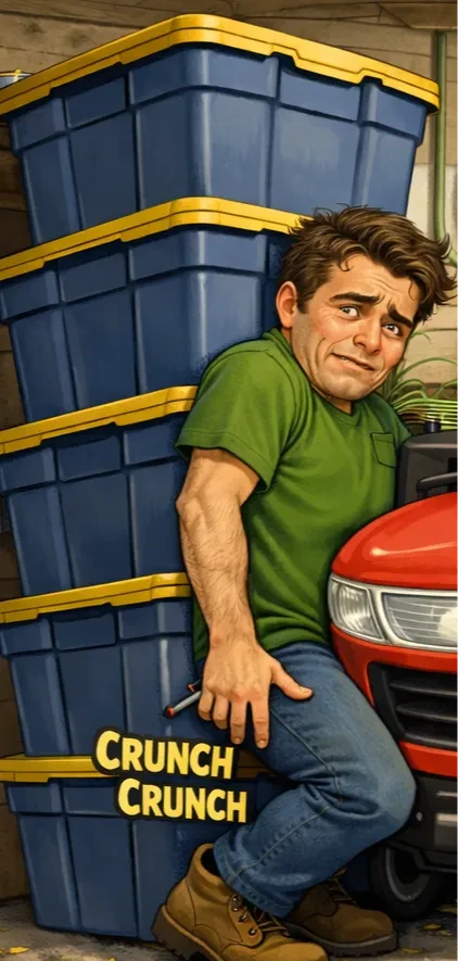 man squeezing through a tight space between a mower and a stack of totes