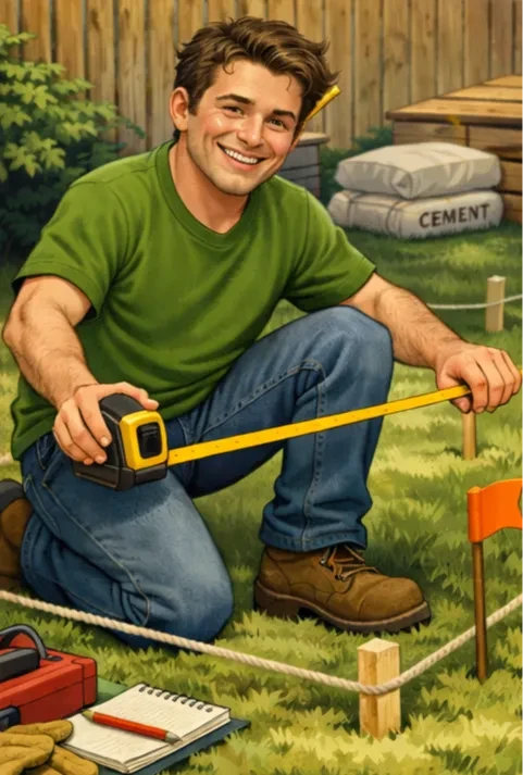 man measuring his yard to see if the shed will fit.