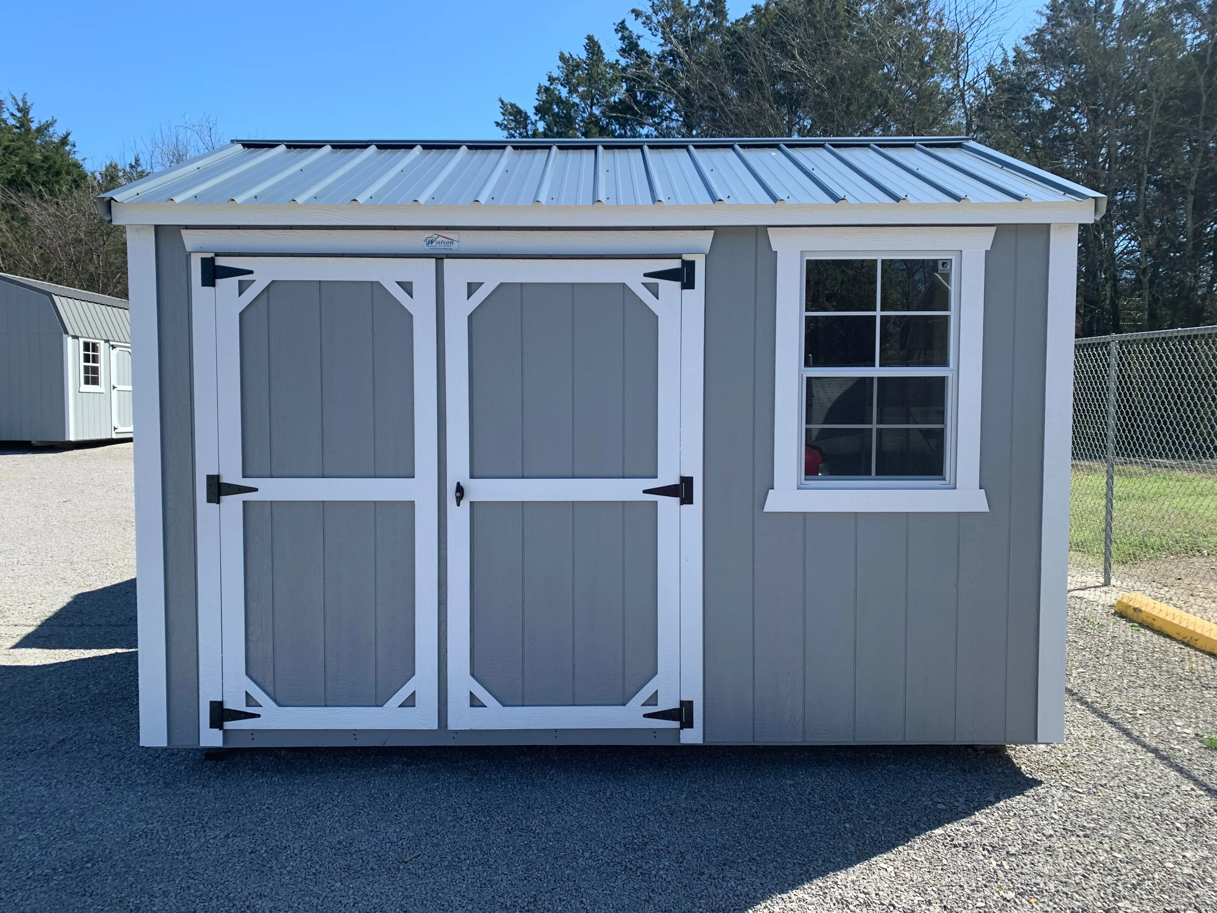 exterior 8x12 classic wood utility light gray white trim slate roof 72" double door and window