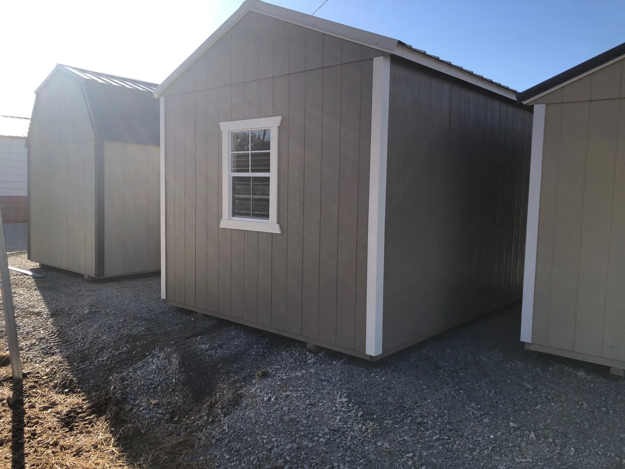 rear view of a 10x16 storage shed showing a window