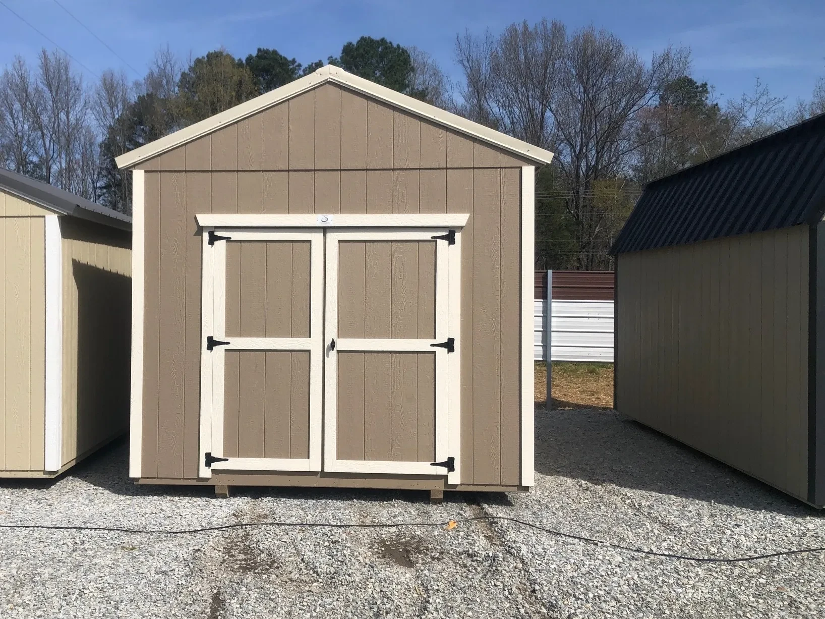 exterior of 10x16 storage shed showing double doors