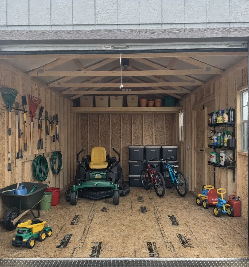 inside of shed with stuff stored inside