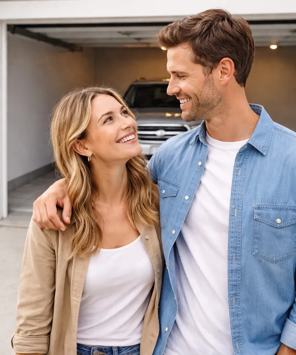Couple smiling outside of their garage