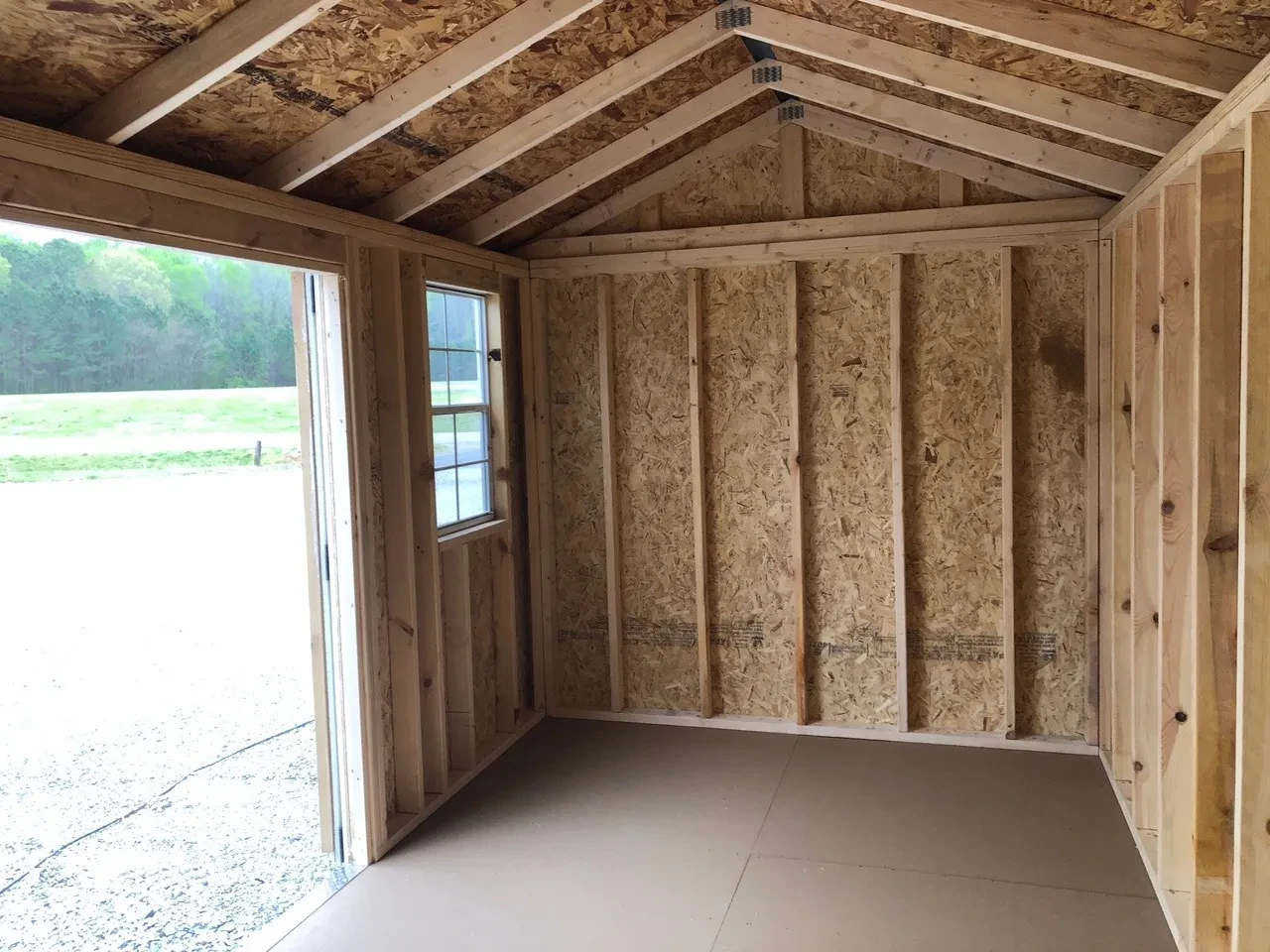 interior of 8x16 garden shed showing 1 window and open door