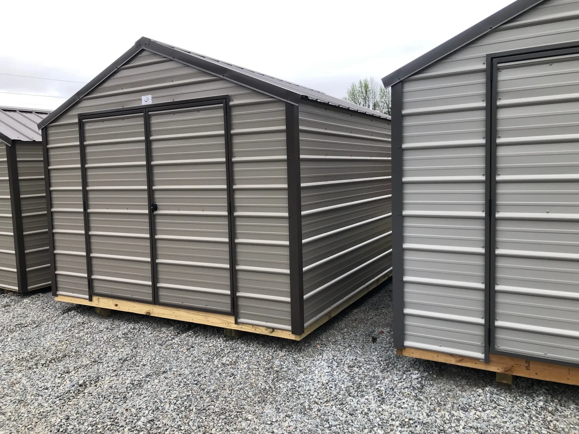 exterior of 10x12 metal shed showing double doors