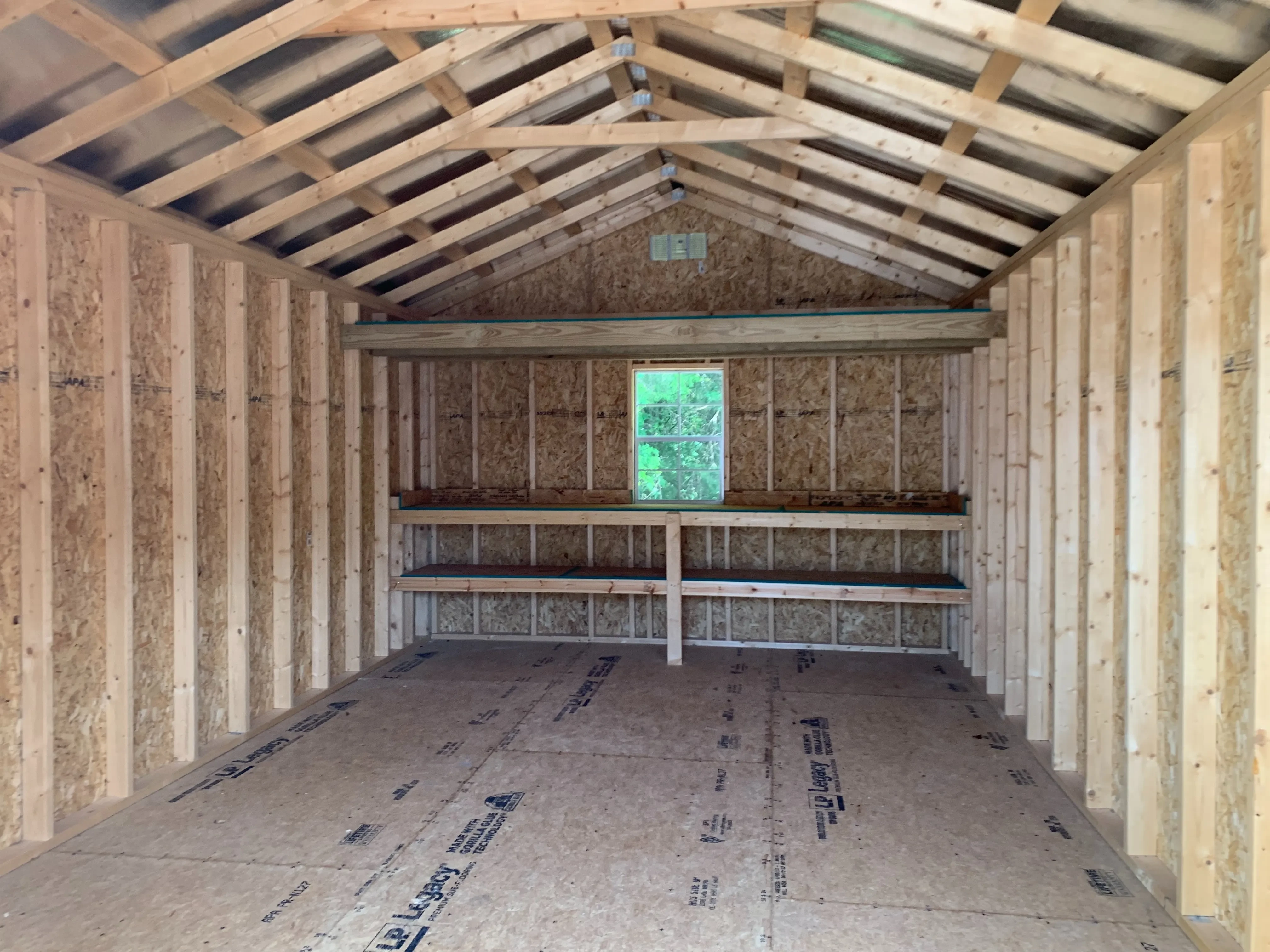 Inside framing, life time floors, loft, window double shelves and 72" double doors.