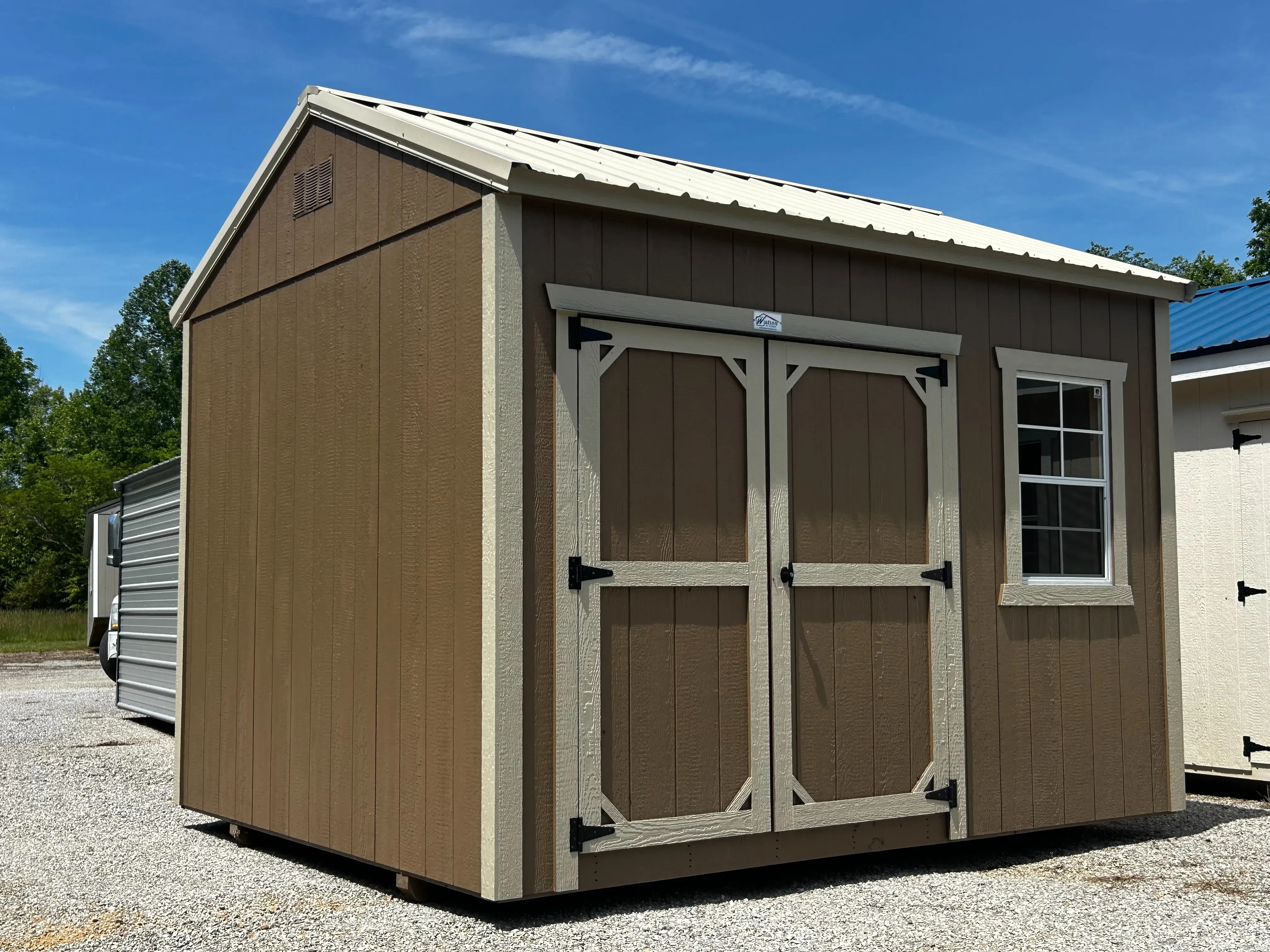 Corner view of a 10x12 classic wood garden shed