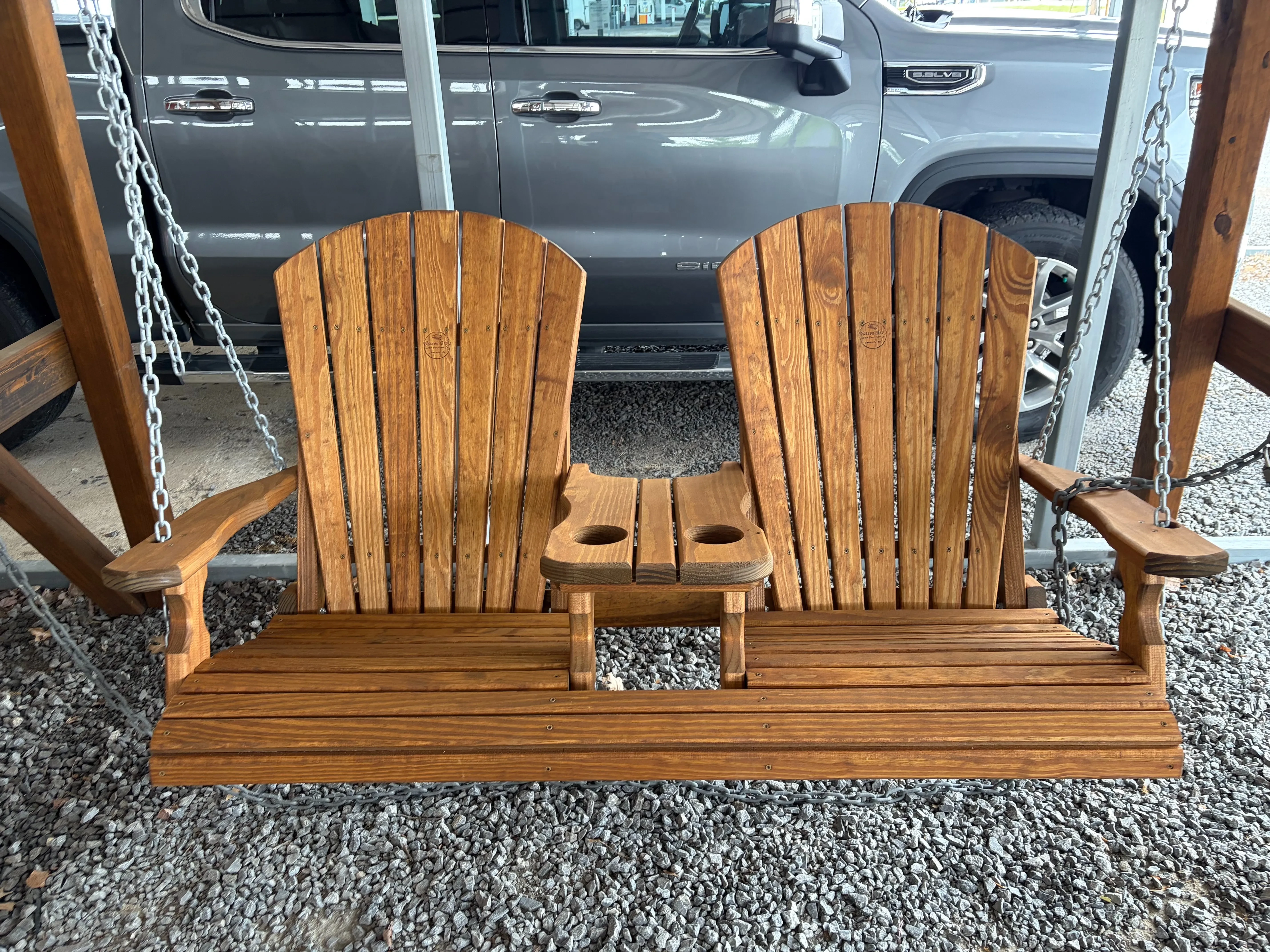 2 person wood swing with center console for 2 cup holders