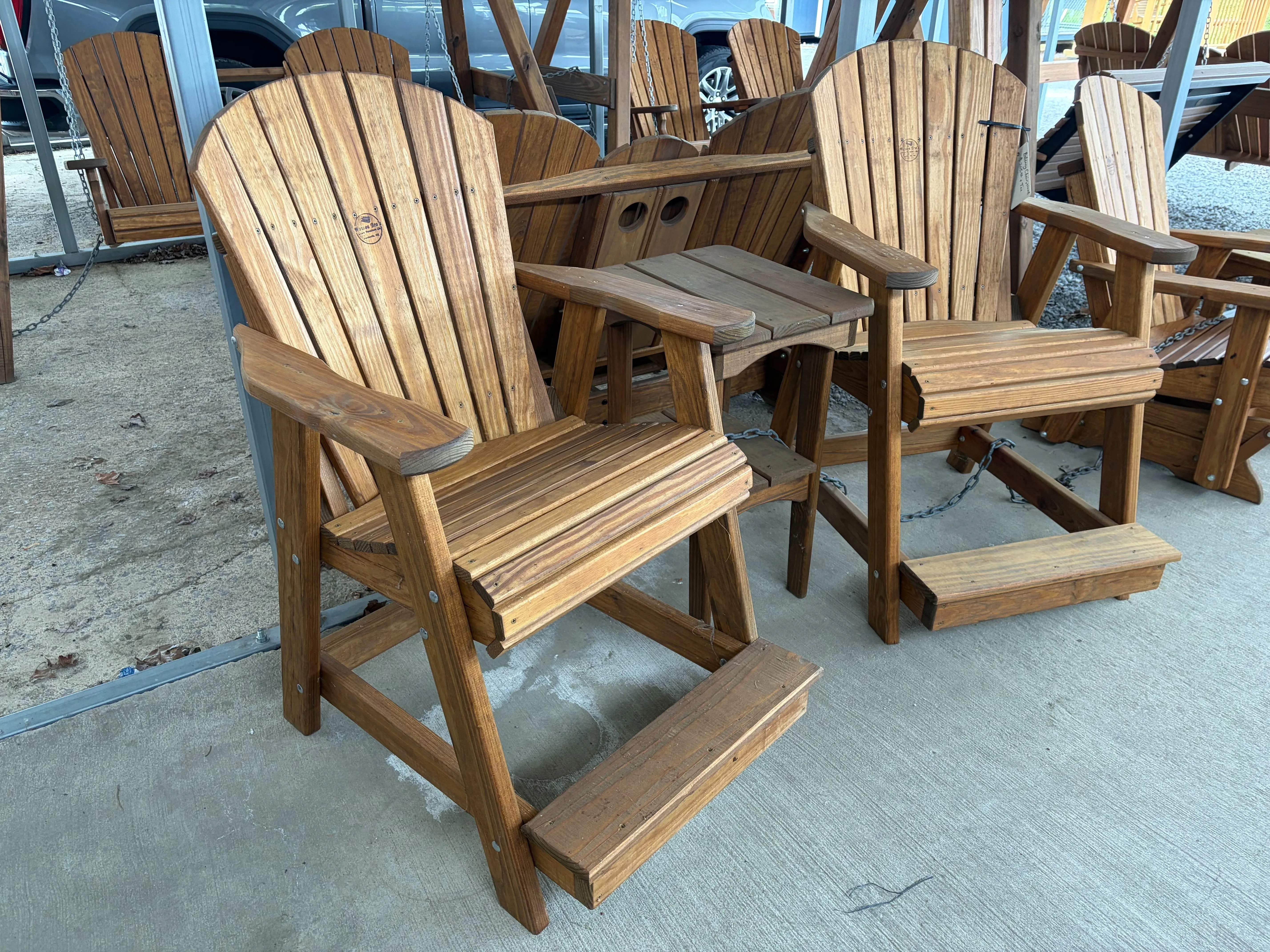 adirondack wood balcony chair withe arm rest & step up stained & sealed