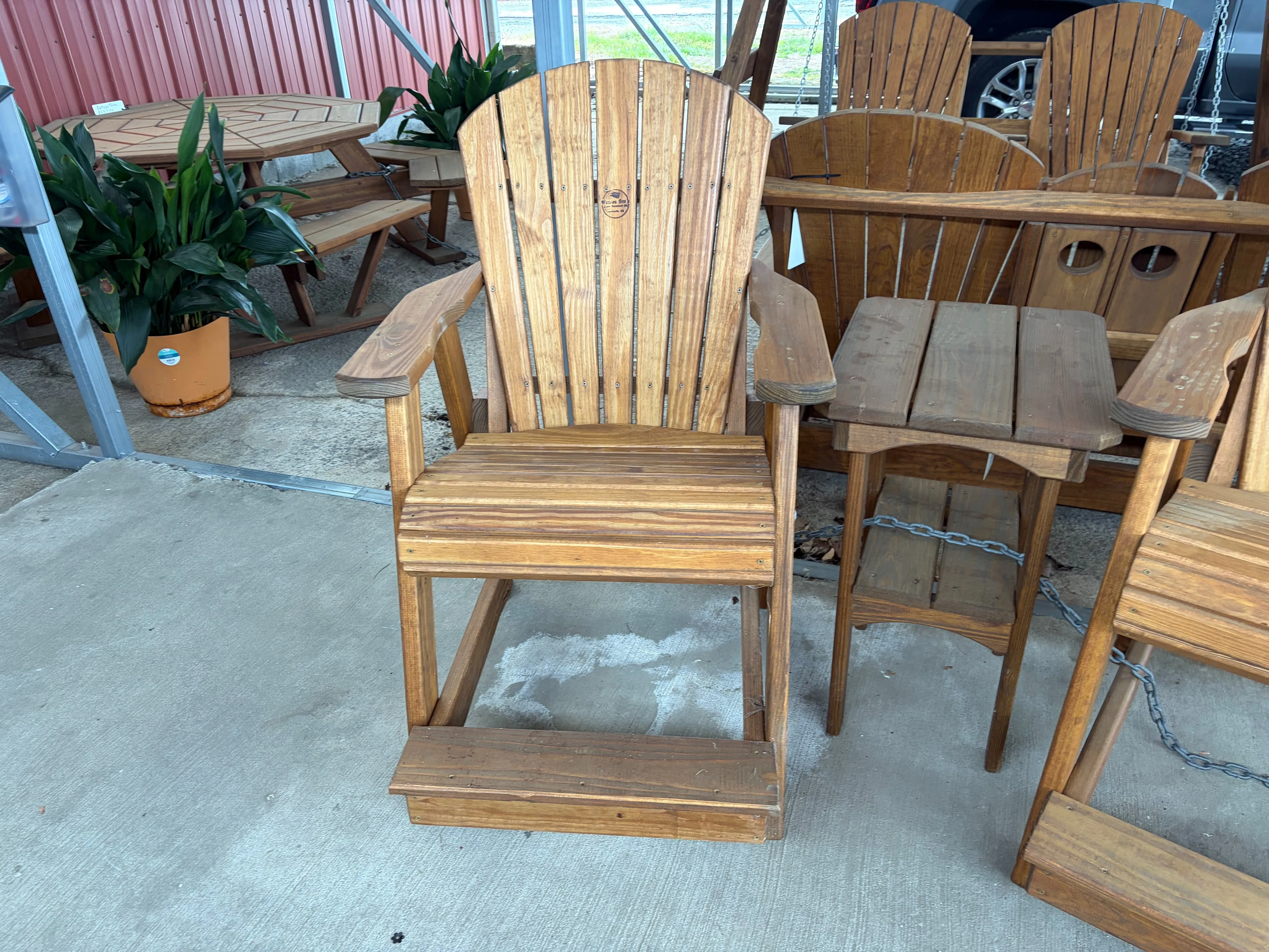 canyon brown stained & sealed wood raised chair with arm rest & step up