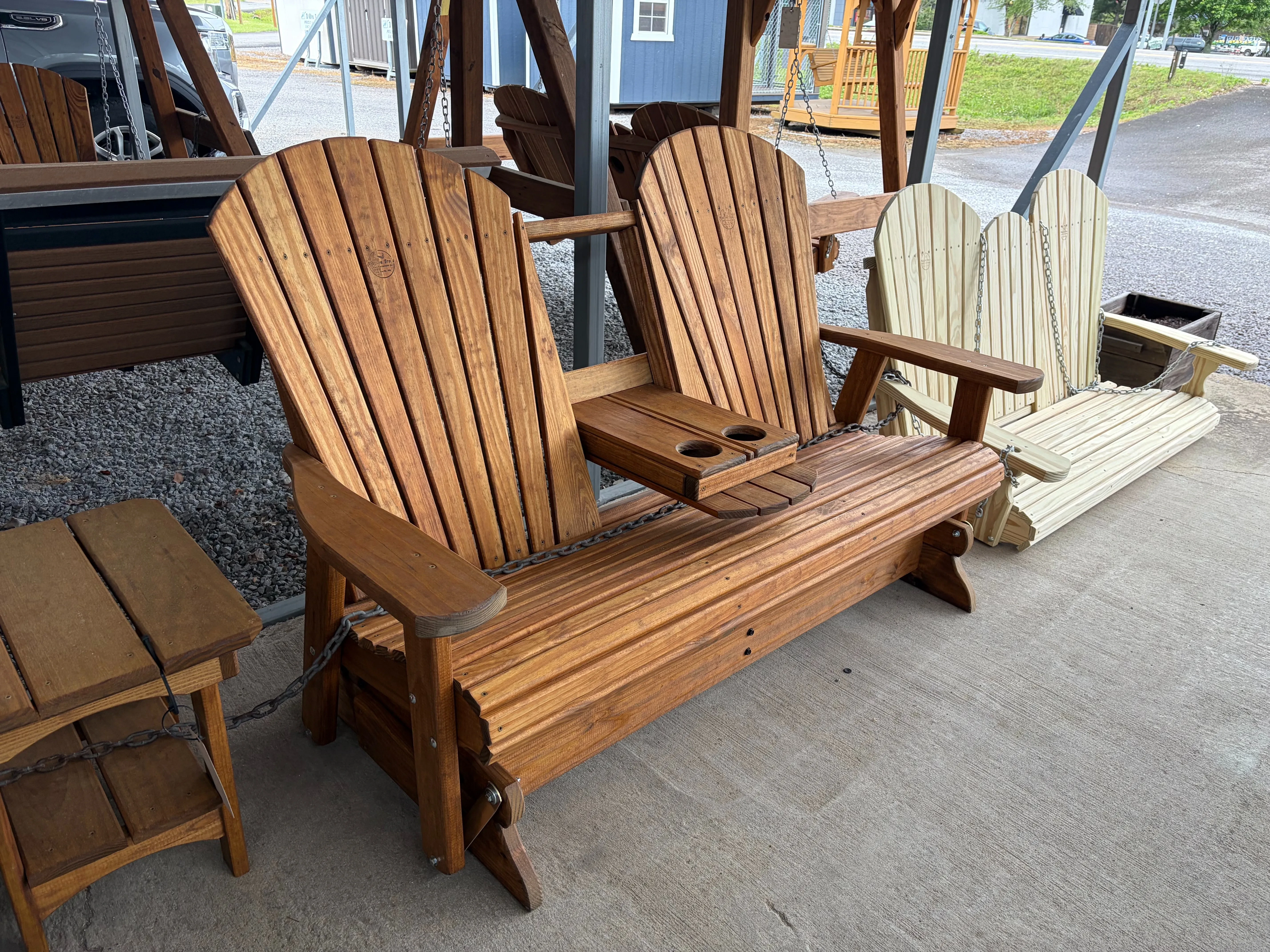 adirondack wood glider with flip down console & 2 cup holders