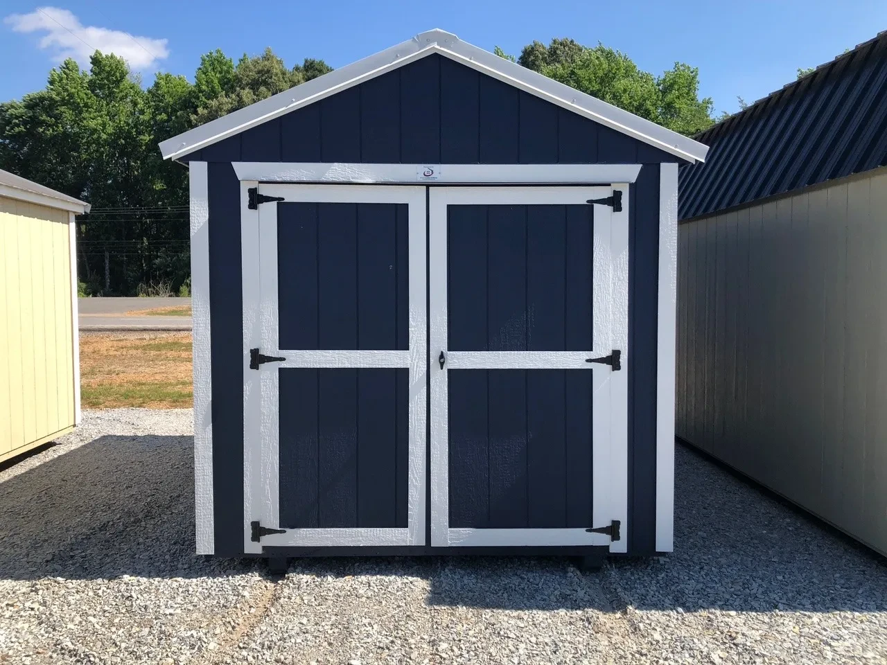 exterior of 8x12 utility shed showing double doors