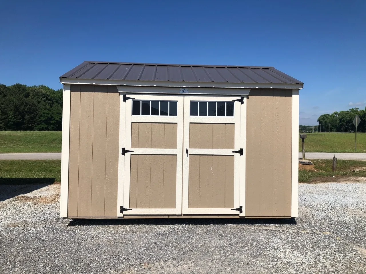 exterior of 8x12 garden shed showing double doors