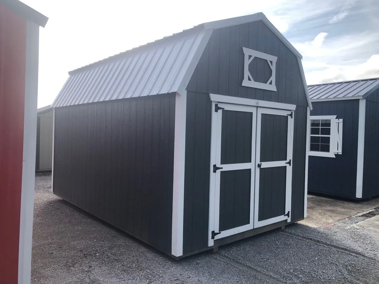 exterior of 10x16 lofted barn showing double doors