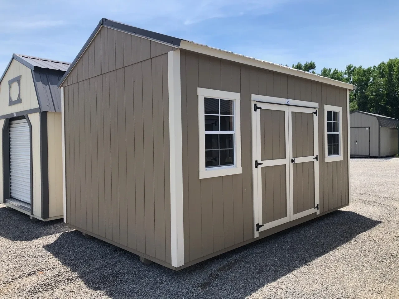 exterior of 10x16 garden shed showing 2 windows and 72" double door
