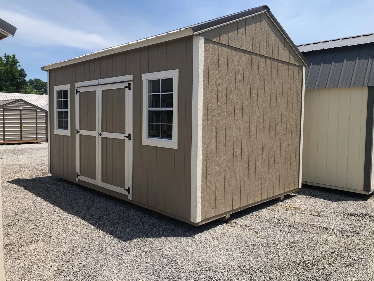 exterior of 10x16 garden shed showing 2 windows and 72" double door