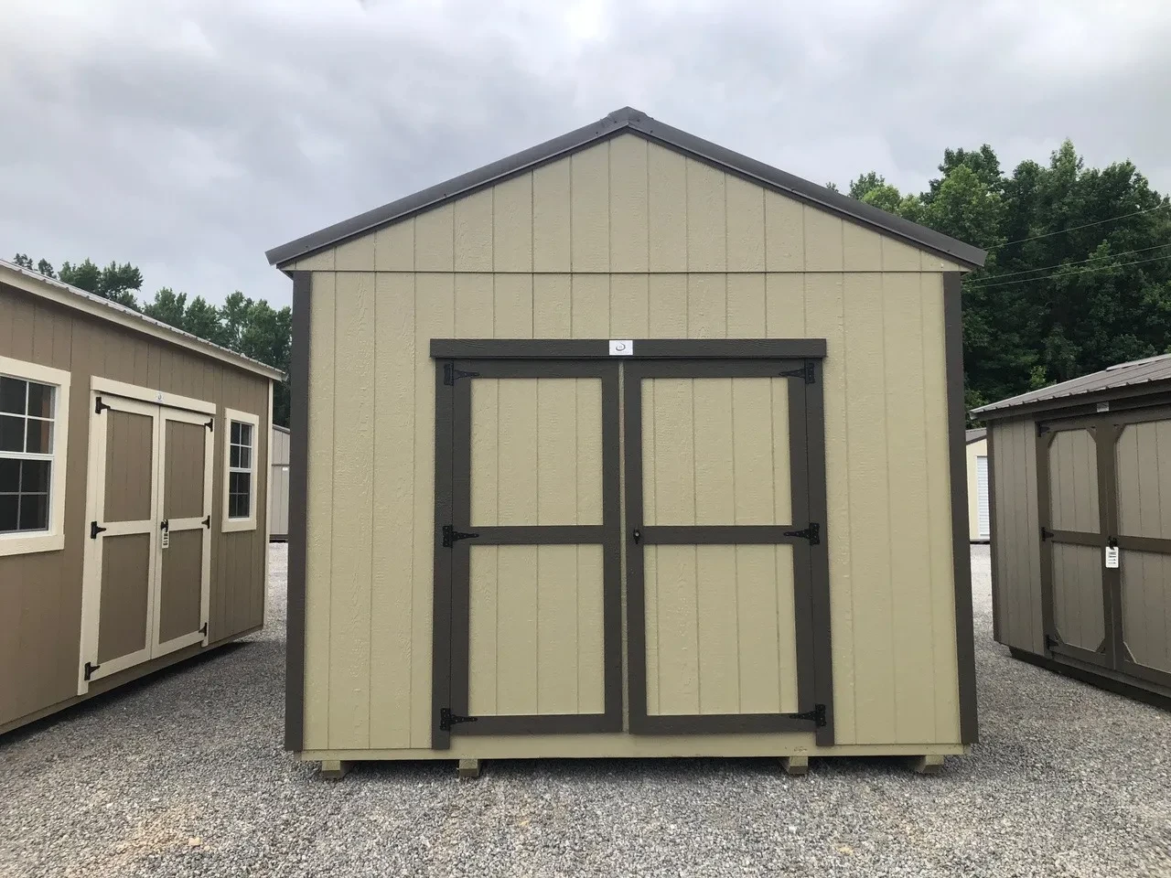 exterior of 12x20 utility shed showing the double doors