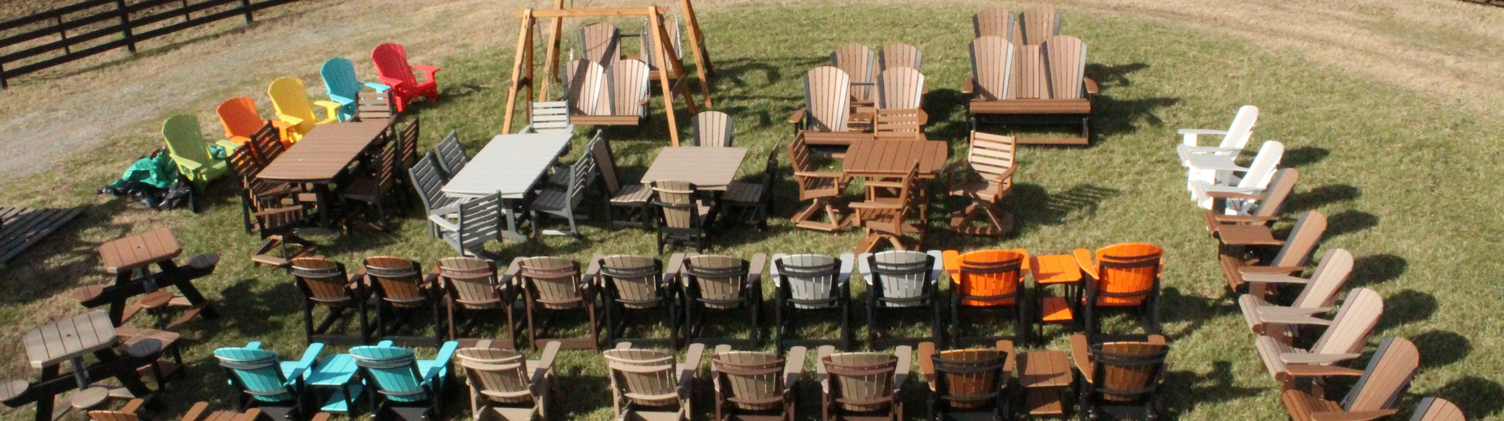 Large selection of lawn furniture viewed from aerial.