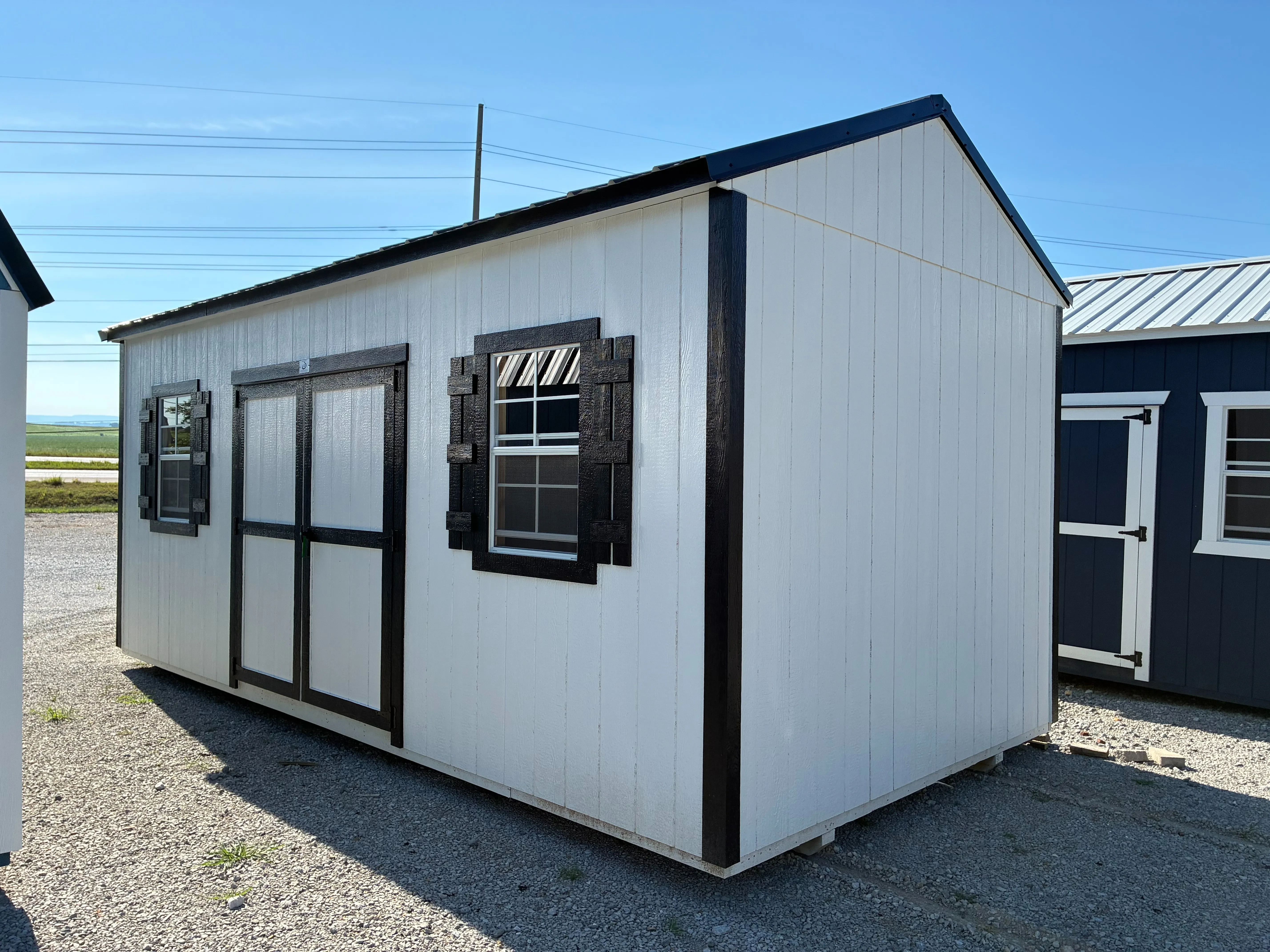 exterior 10x20 garden shed showing 72" wood barn doors