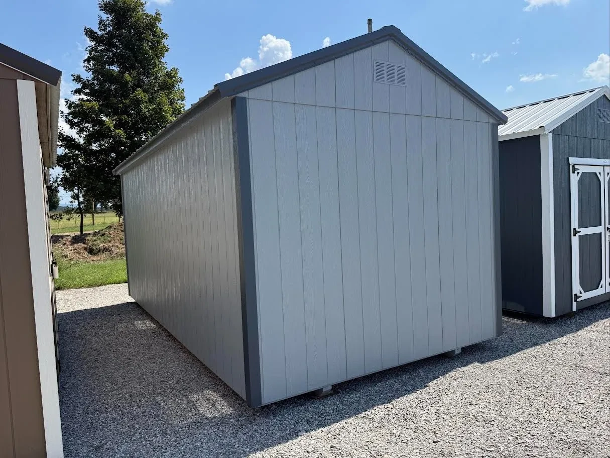 The back and end of a Light Gray and Slate Gray 10x20 Garden Shed