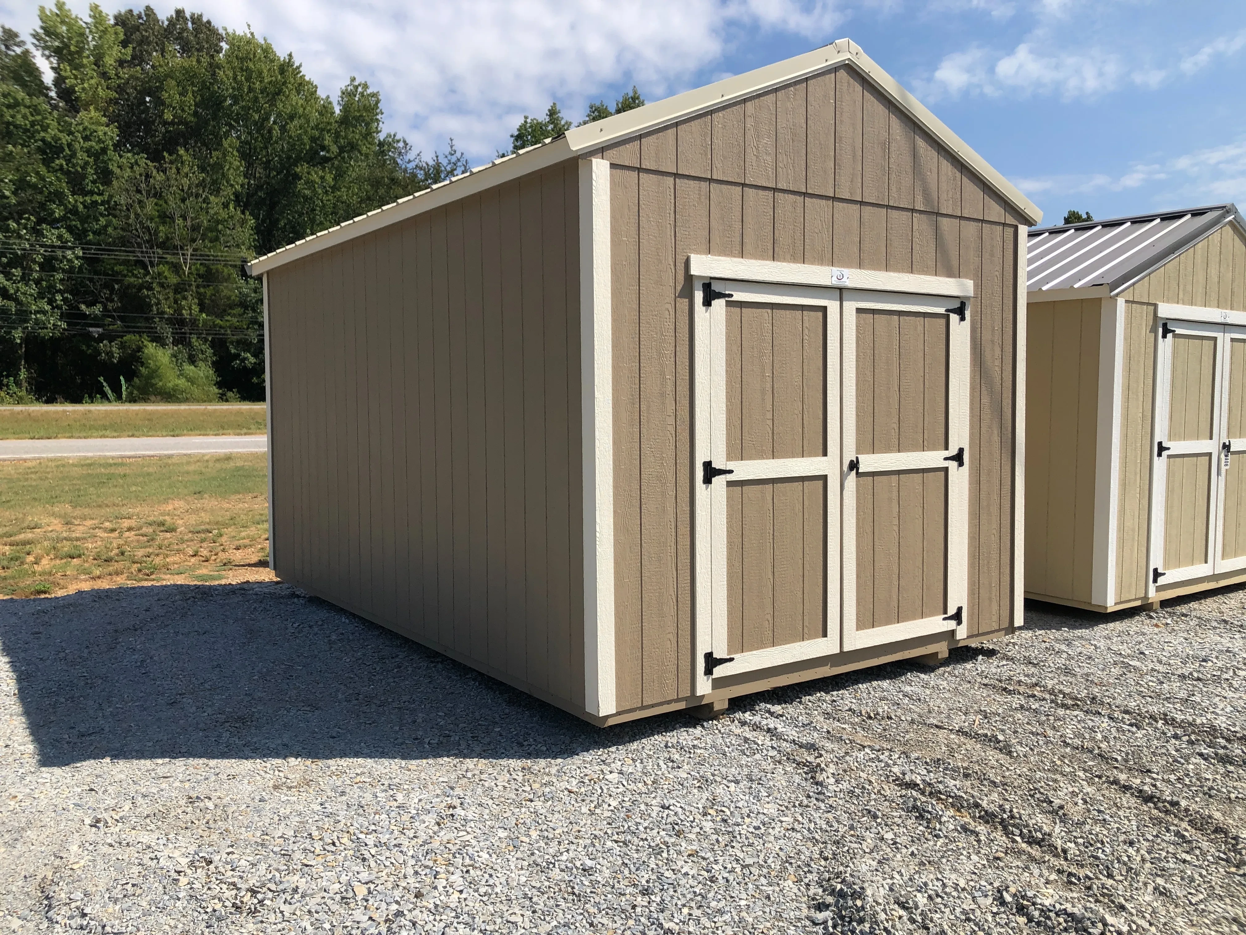 exterior of 10x16 utility shed showing double doors