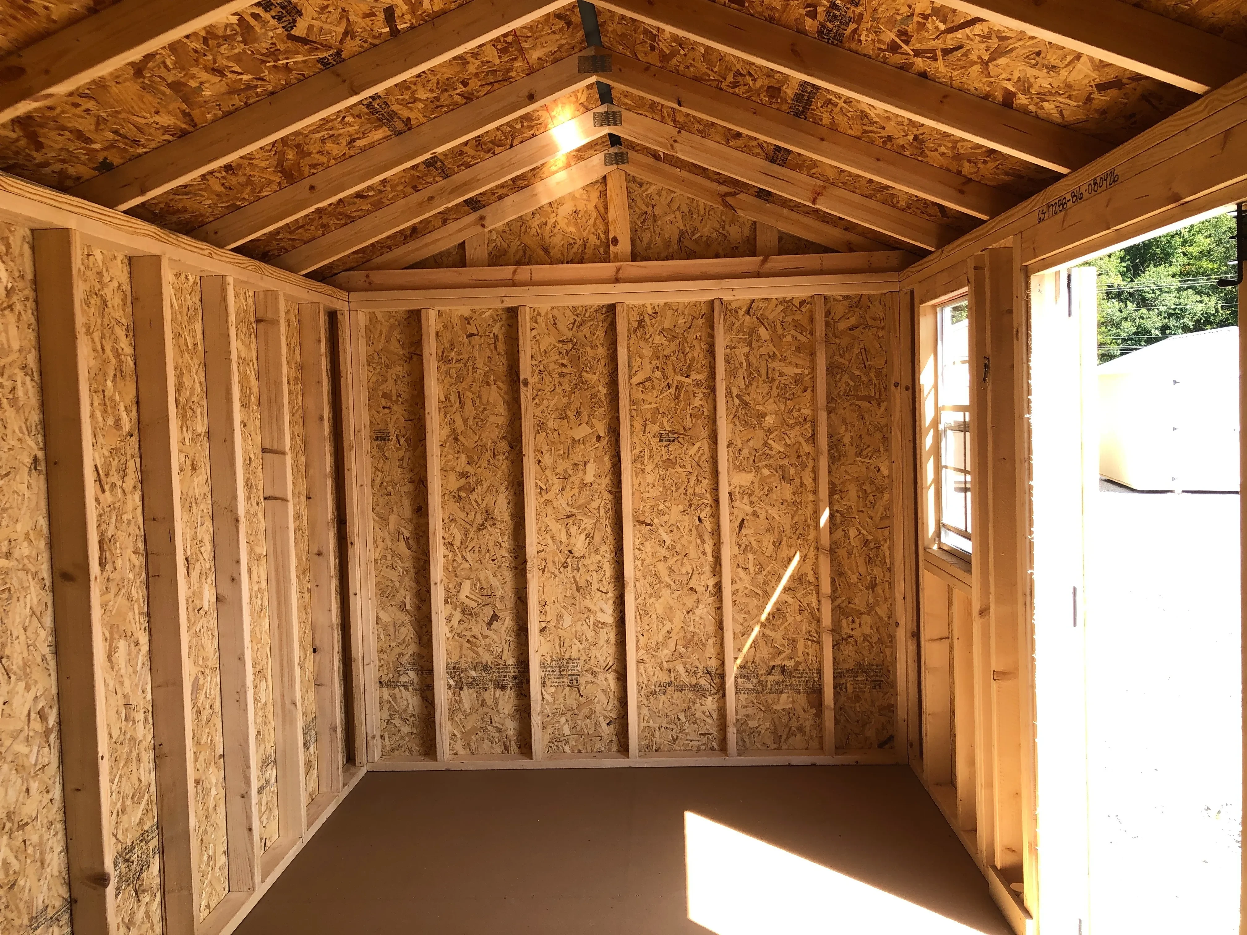 interior of 8x16 garden shed showing floor, walls, window and doorway