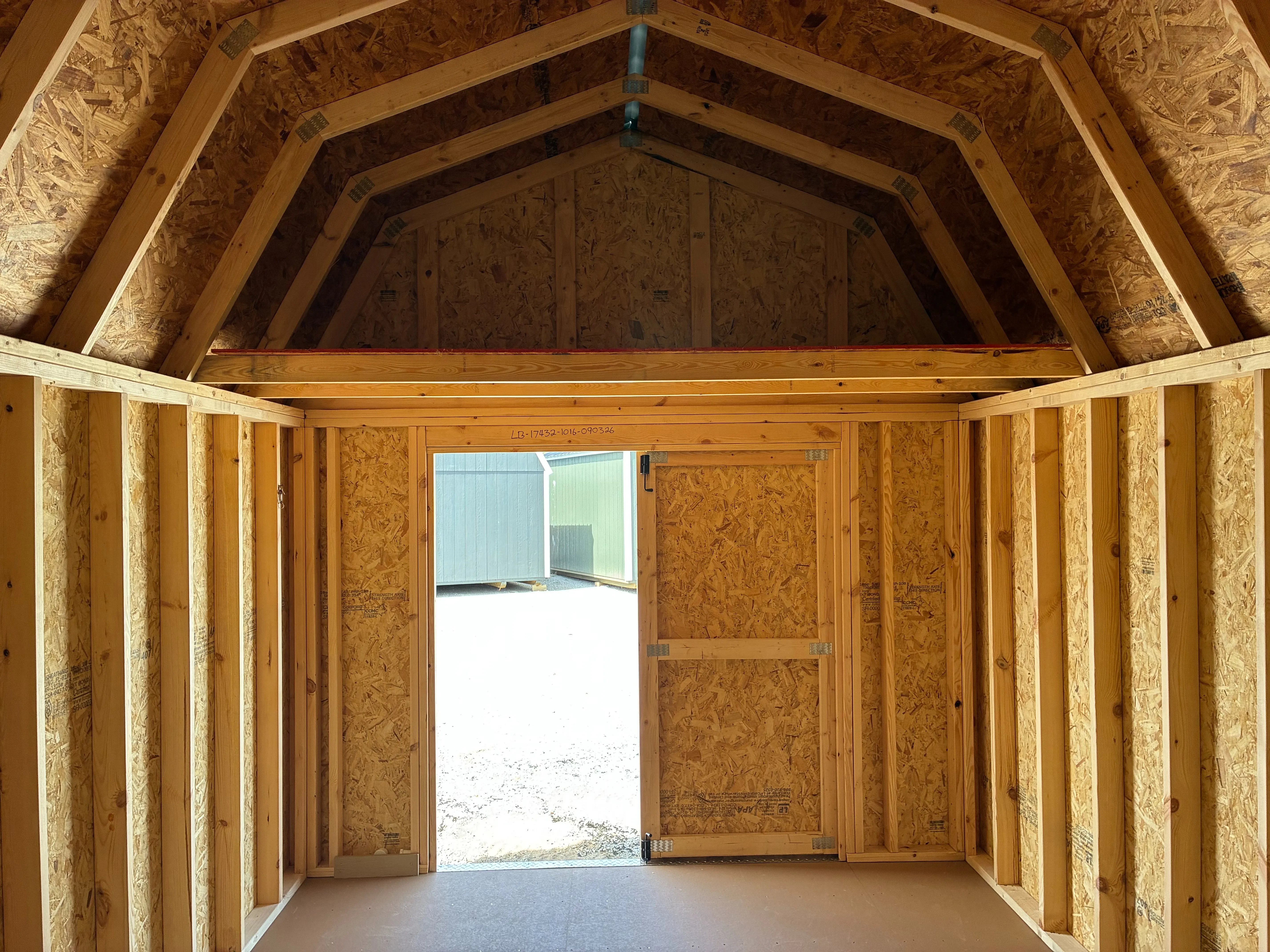 inerior of 10x16 lofted barn showing loft