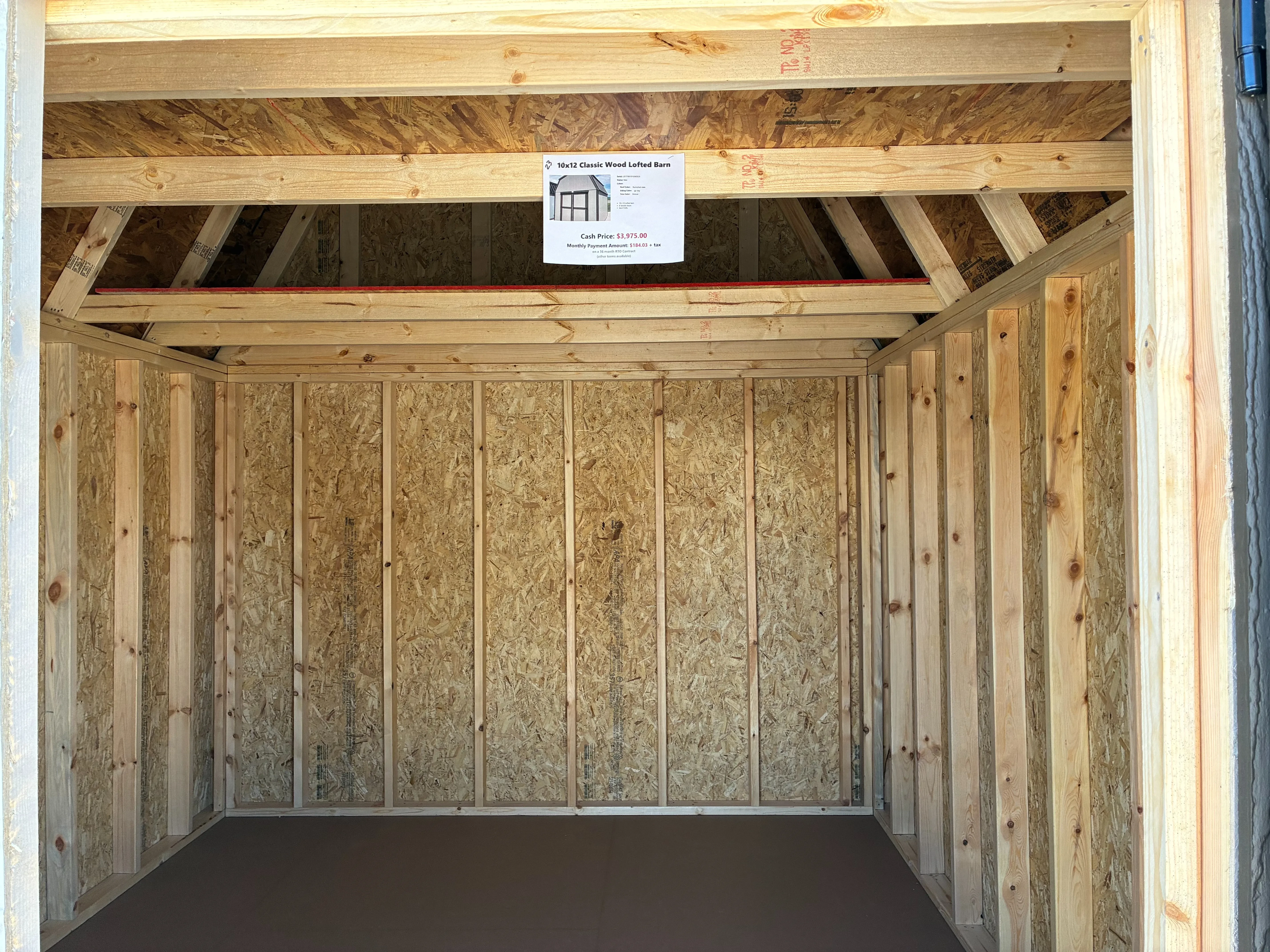 Interior of 10x12 Lofted Barn showing 4' loft