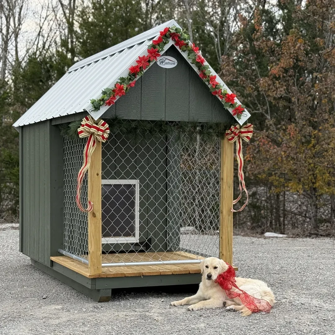 A dark green dog house with a 4'x4' enclosed portion a 4'x4' run