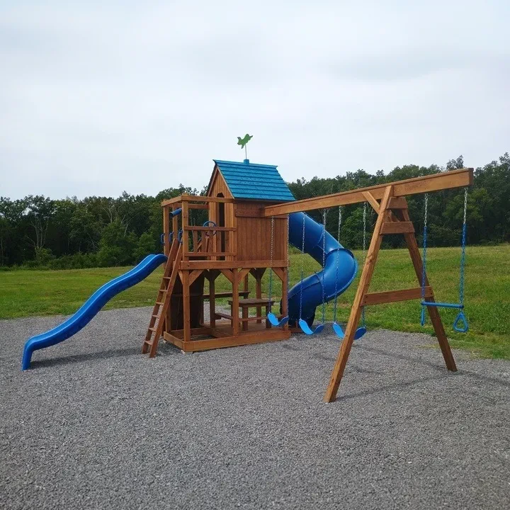 a stained wood and blue accents playset