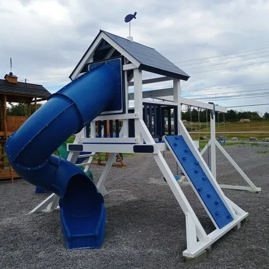 a white vinyl and blue playset