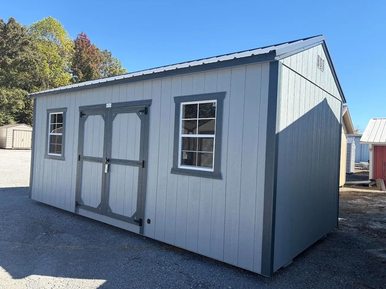 exterior view of the garden shed with 72" double doors, 2x3 windows