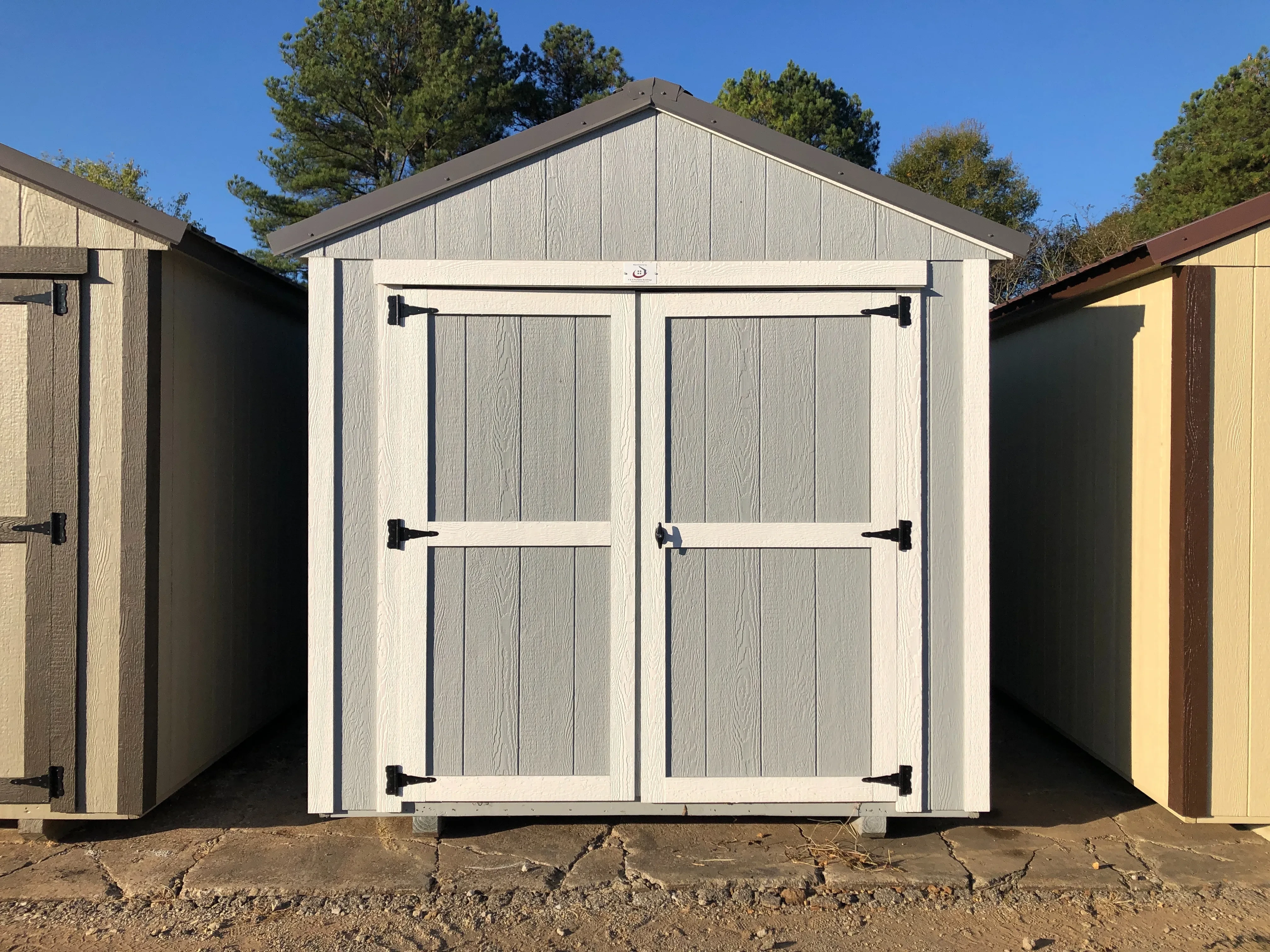 exterior of 8x1 utility shed showing the double doors