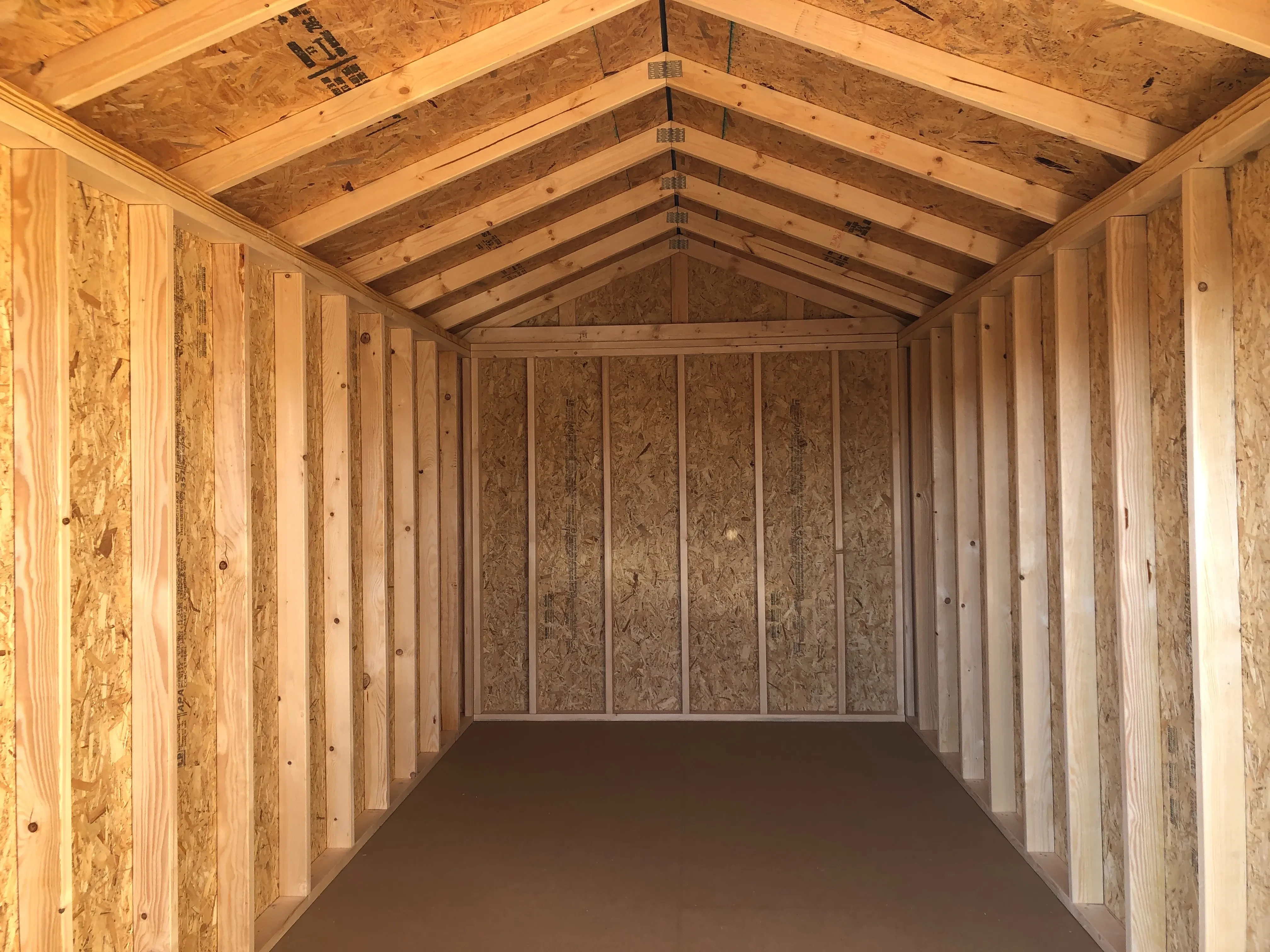 interior of 8x16 utility shed showing the floor and walls