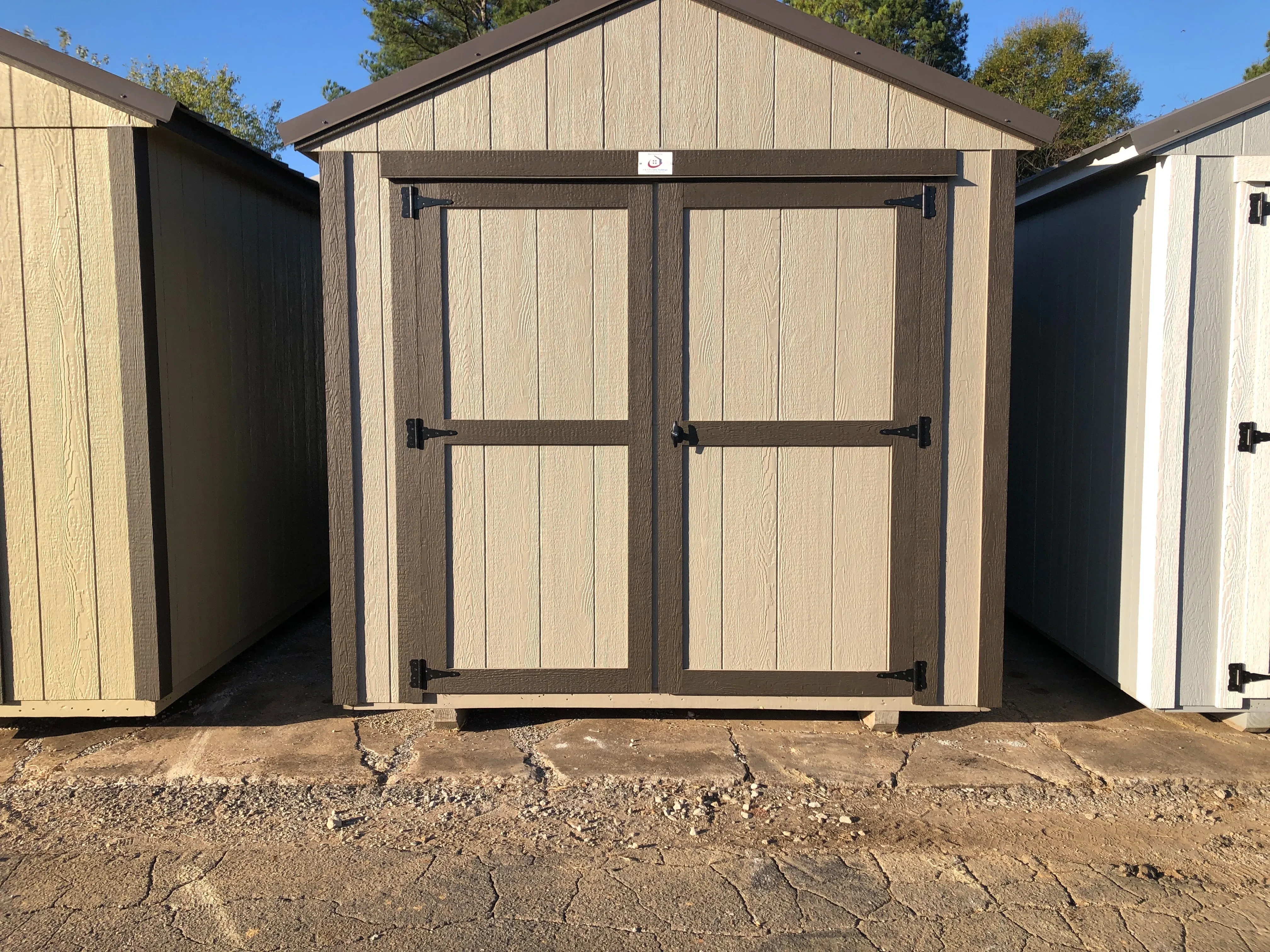 exterior of 8x12 utility shed showing double doors