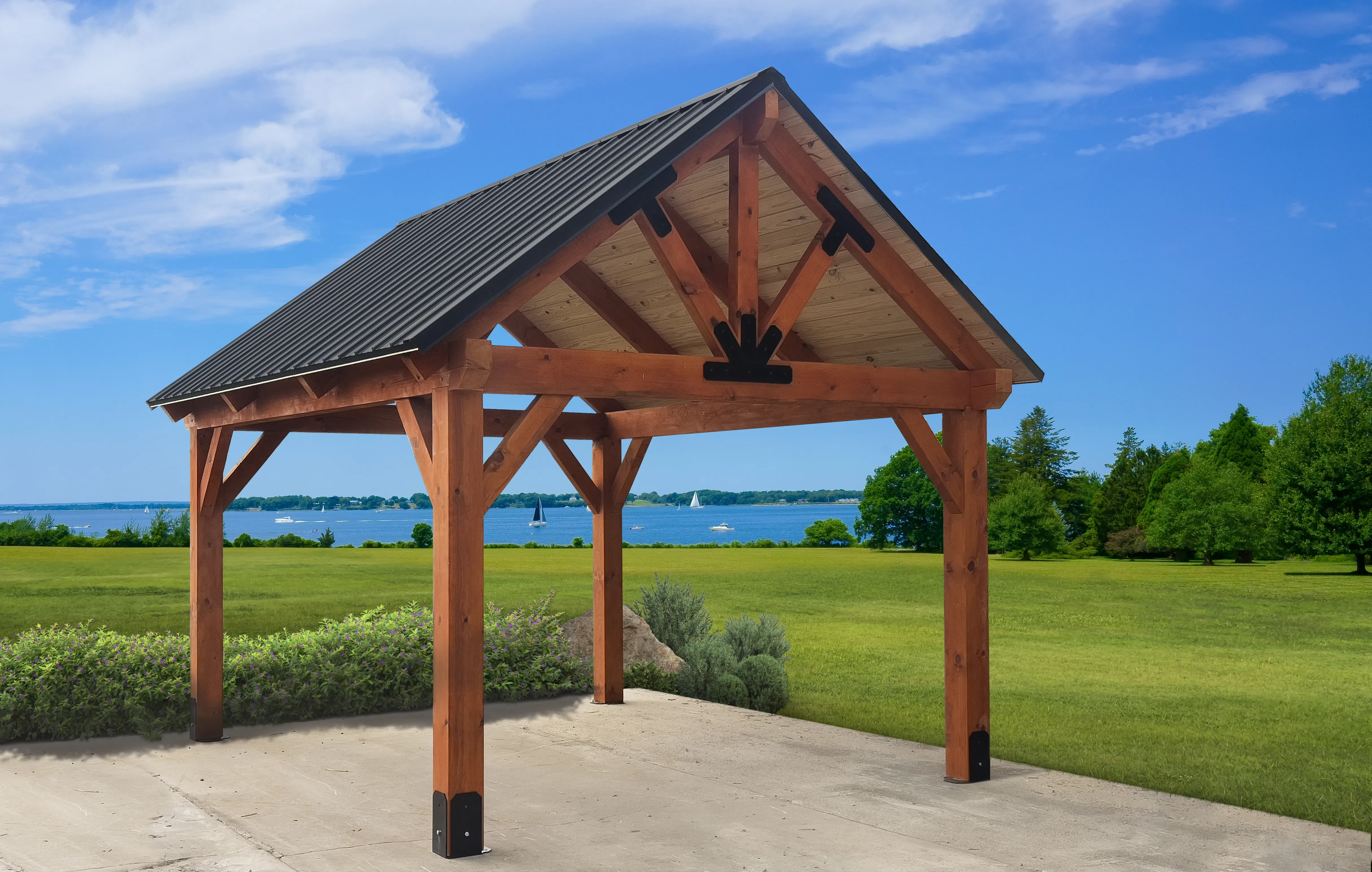 Timber pavilion by the lake.