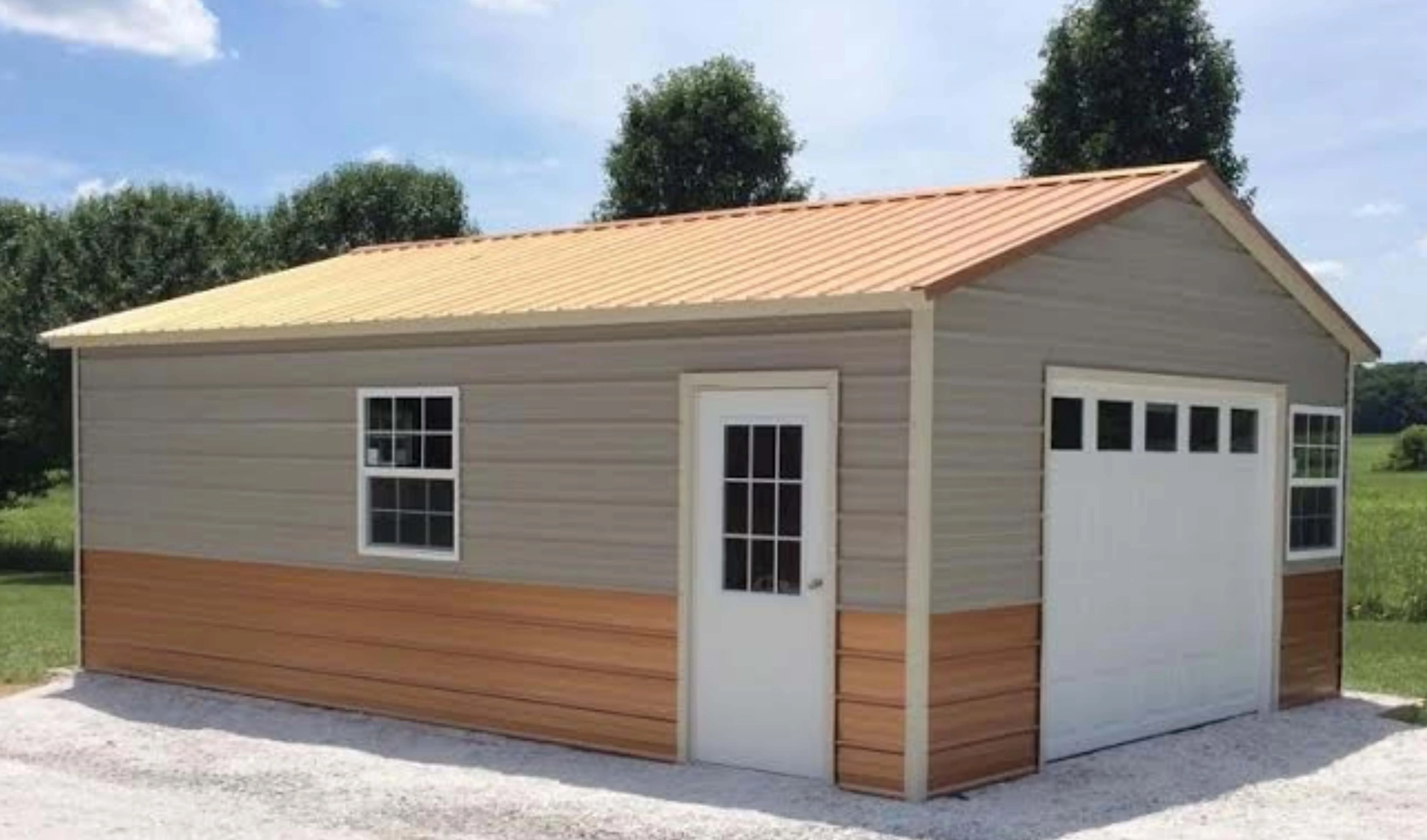 Copper and clay colored garage on gravel