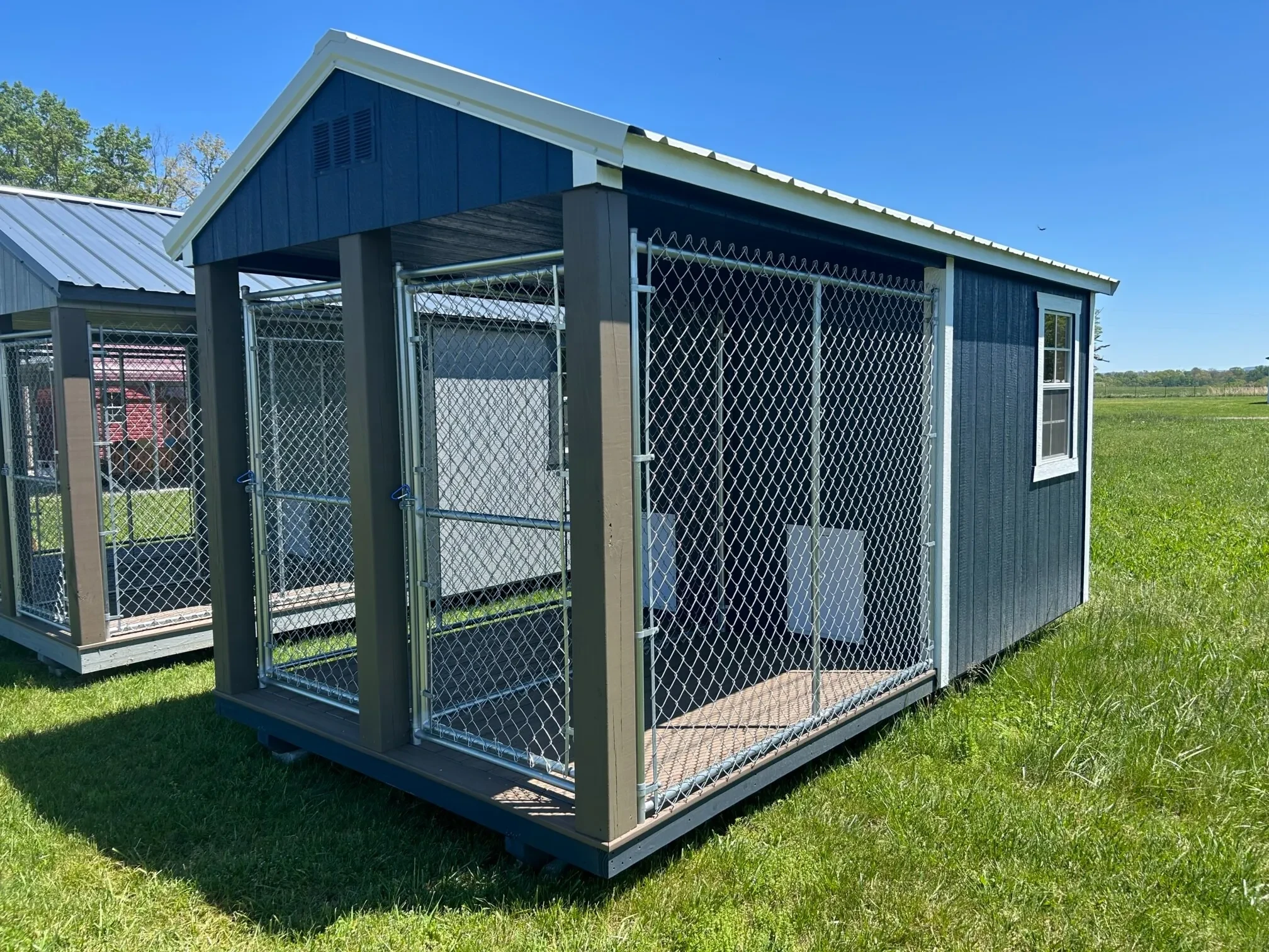 a blue dog kennel with two bays enclosed with chain link fencing