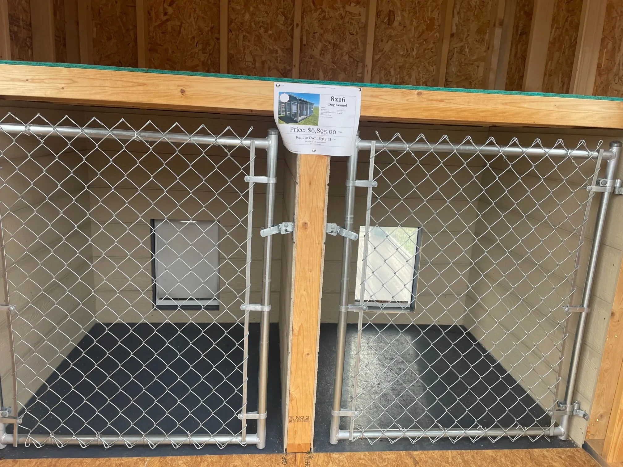 inside a dog kennel with two chain link gates for dogs to go into