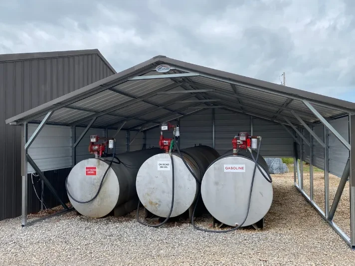 a squared frame carport with vertical roof metal and 3' of side panels on the sides and back