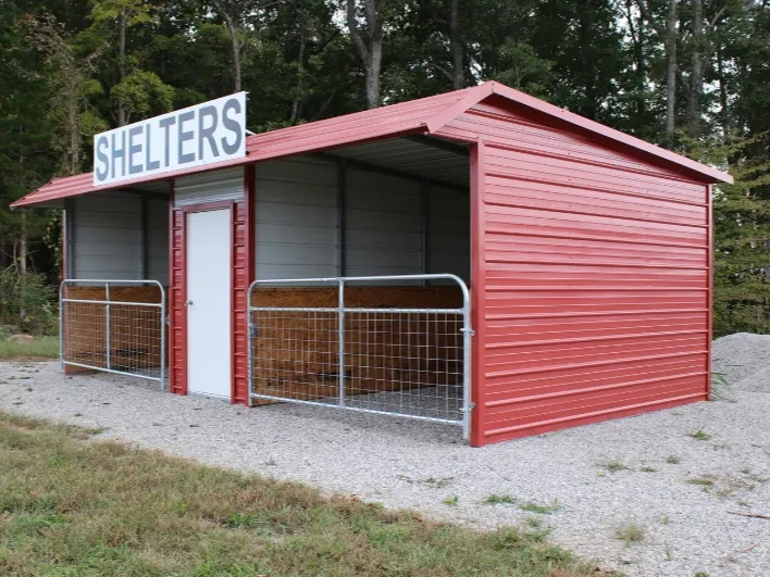 a red animal shelter with two stalls and a 5 foot enclosed tack room