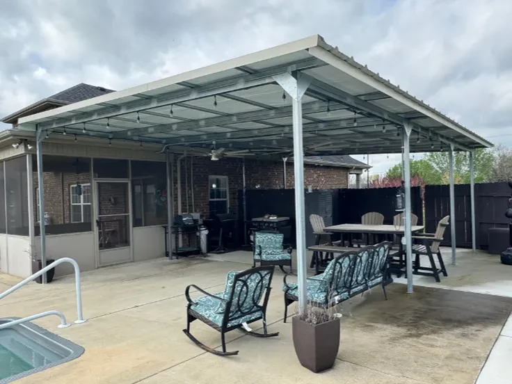 A patio cover that covers a back porch with a grill and multiple chairs near a pool