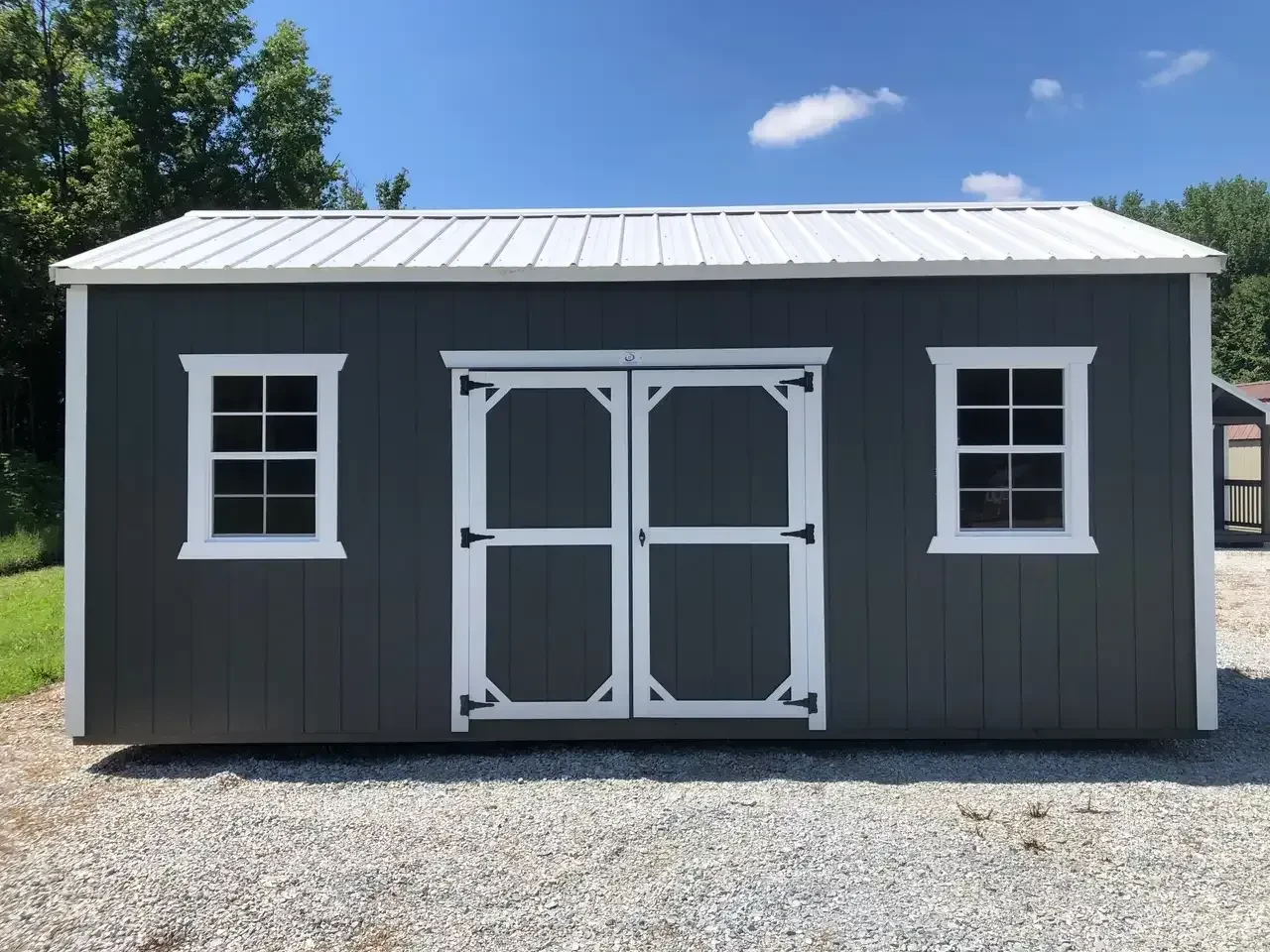 a 10x20 garden shed with two windows and double doors