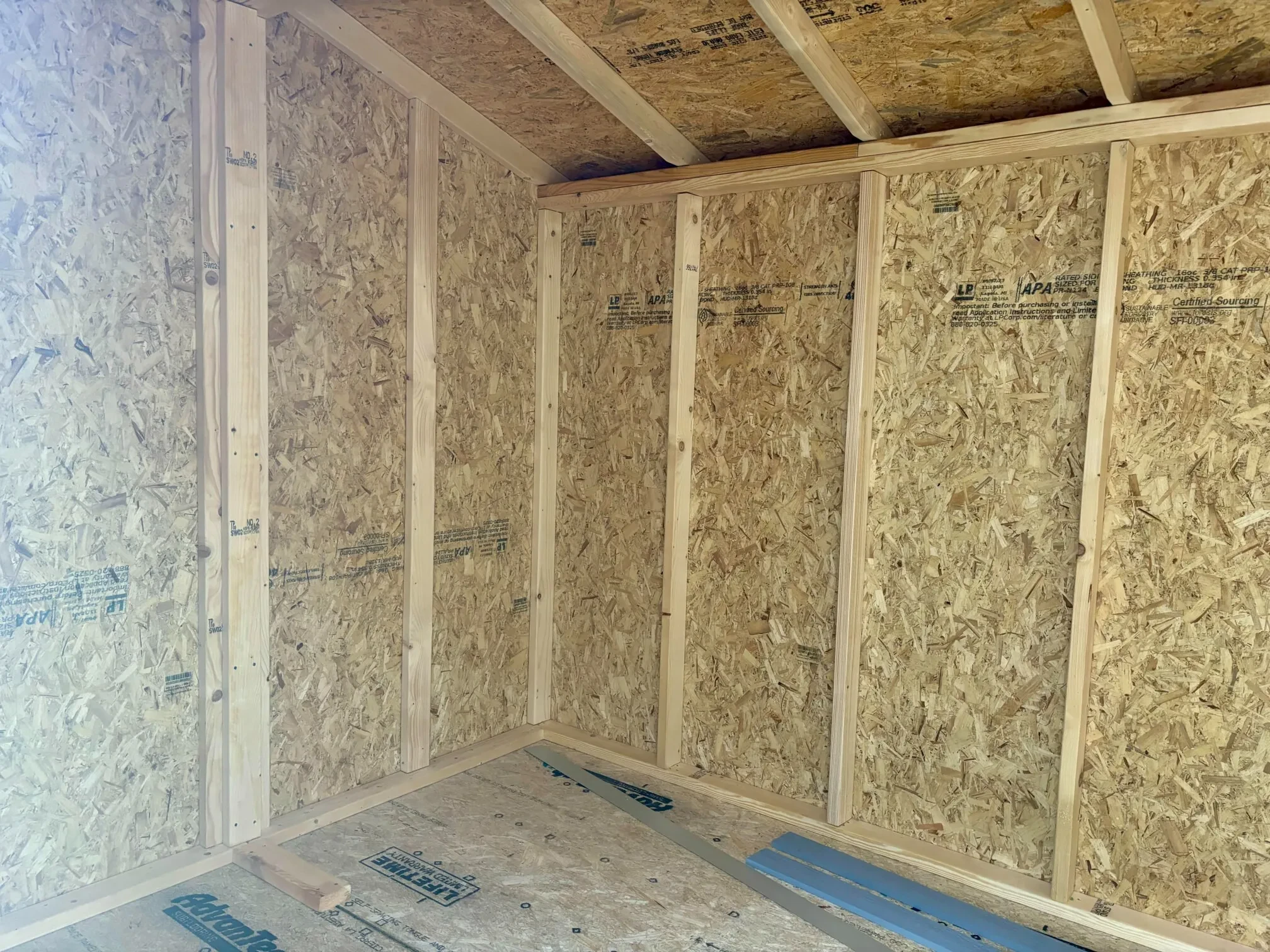 inside a wood garden shed showing the walls and framing